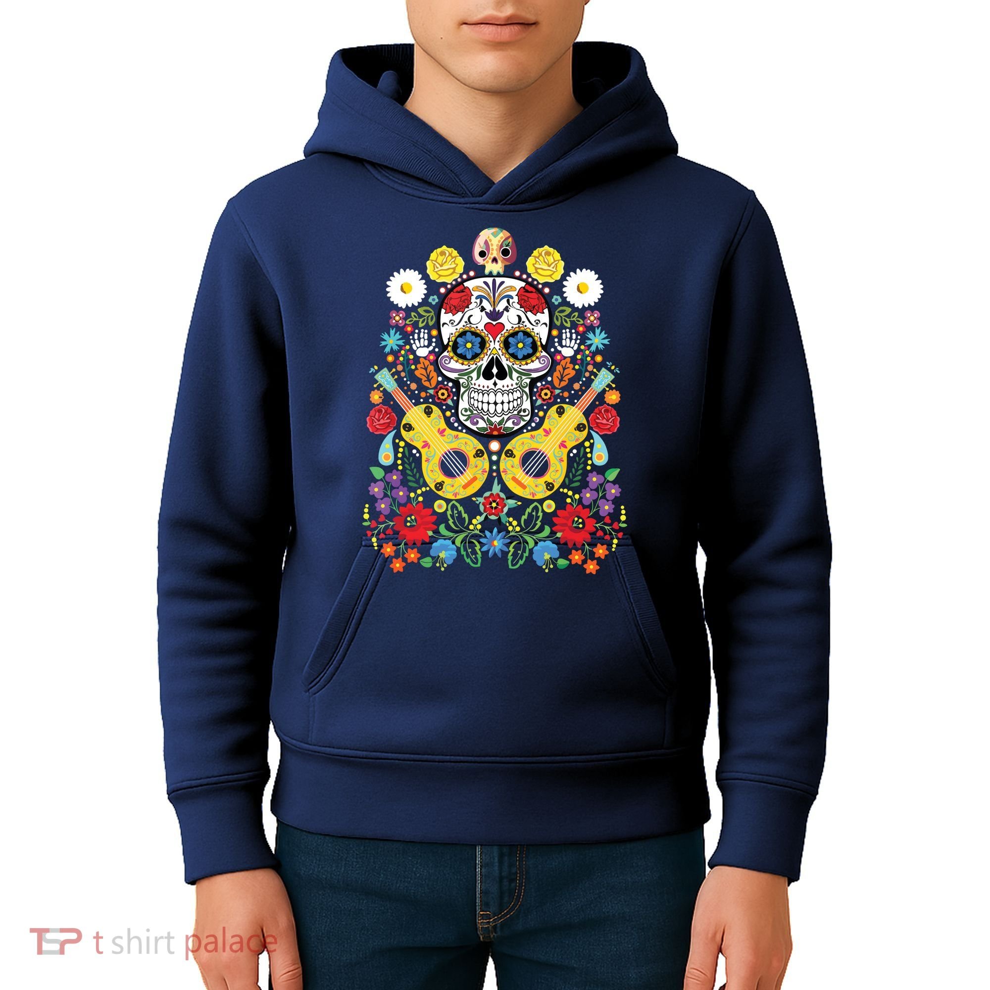 Dia De Los Muertos Day Of The Dead Sugar Skull Guitar Flower Kids Hoodie