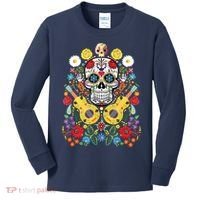 Dia De Los Muertos Day Of The Dead Sugar Skull Guitar Flower Kids Long Sleeve Shirt thumb 0