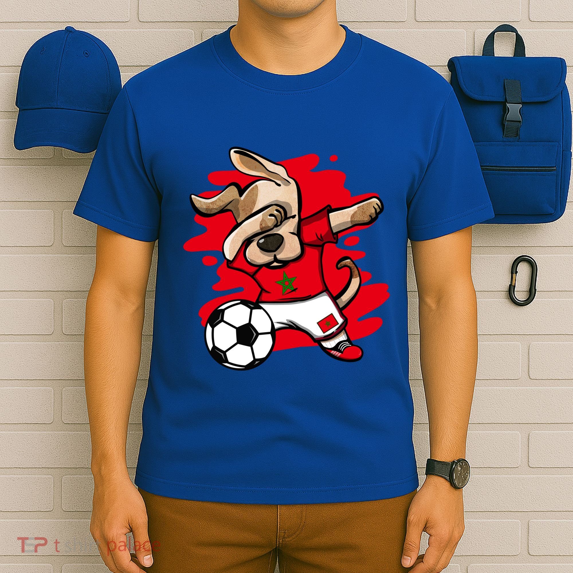 Dabbing Dog Morocco Soccer Fan Jersey Moroccan Flag Football Cool Gift T-Shirt
