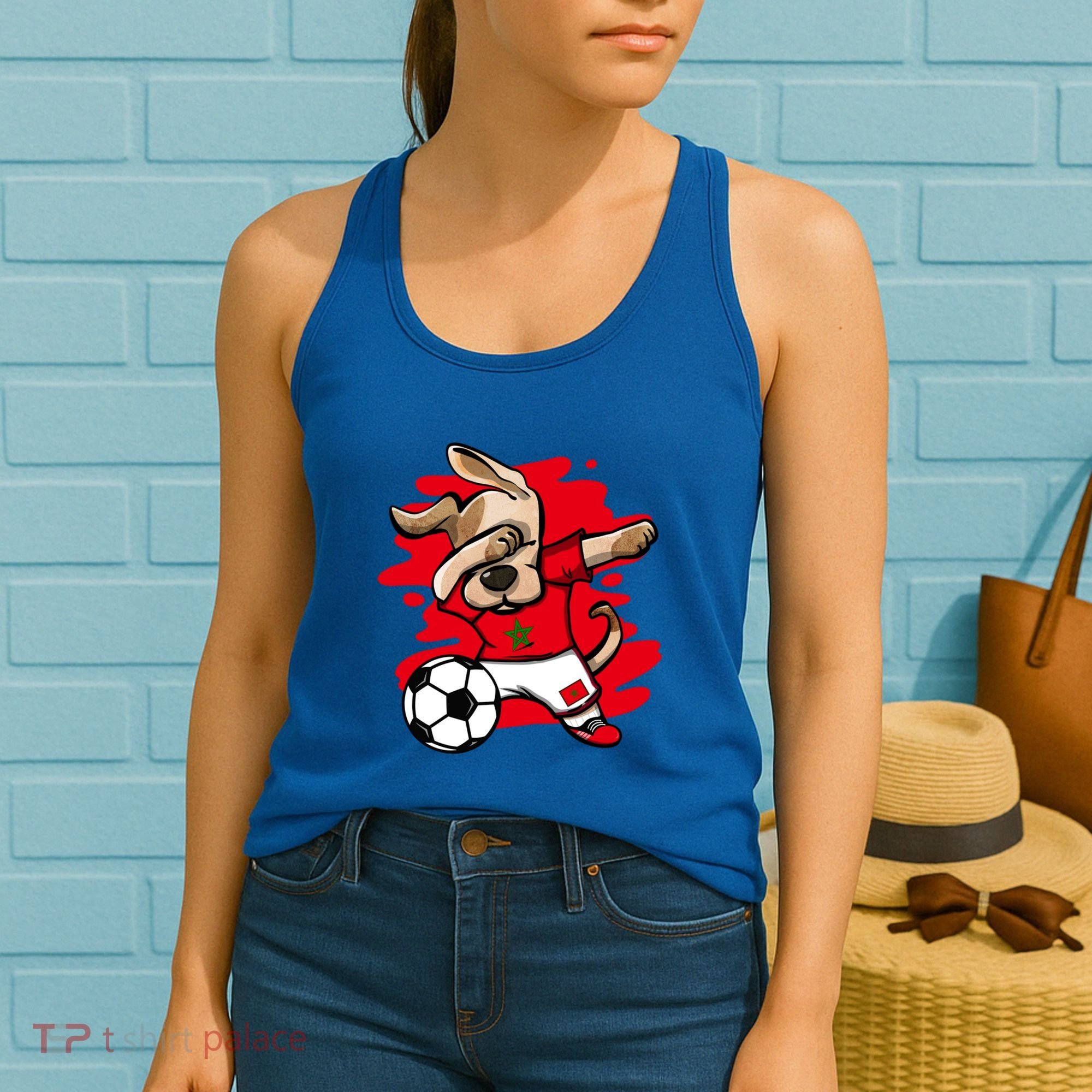 Dabbing Dog Morocco Soccer Fan Jersey Moroccan Flag Football Cool Gift Women's Tank Top