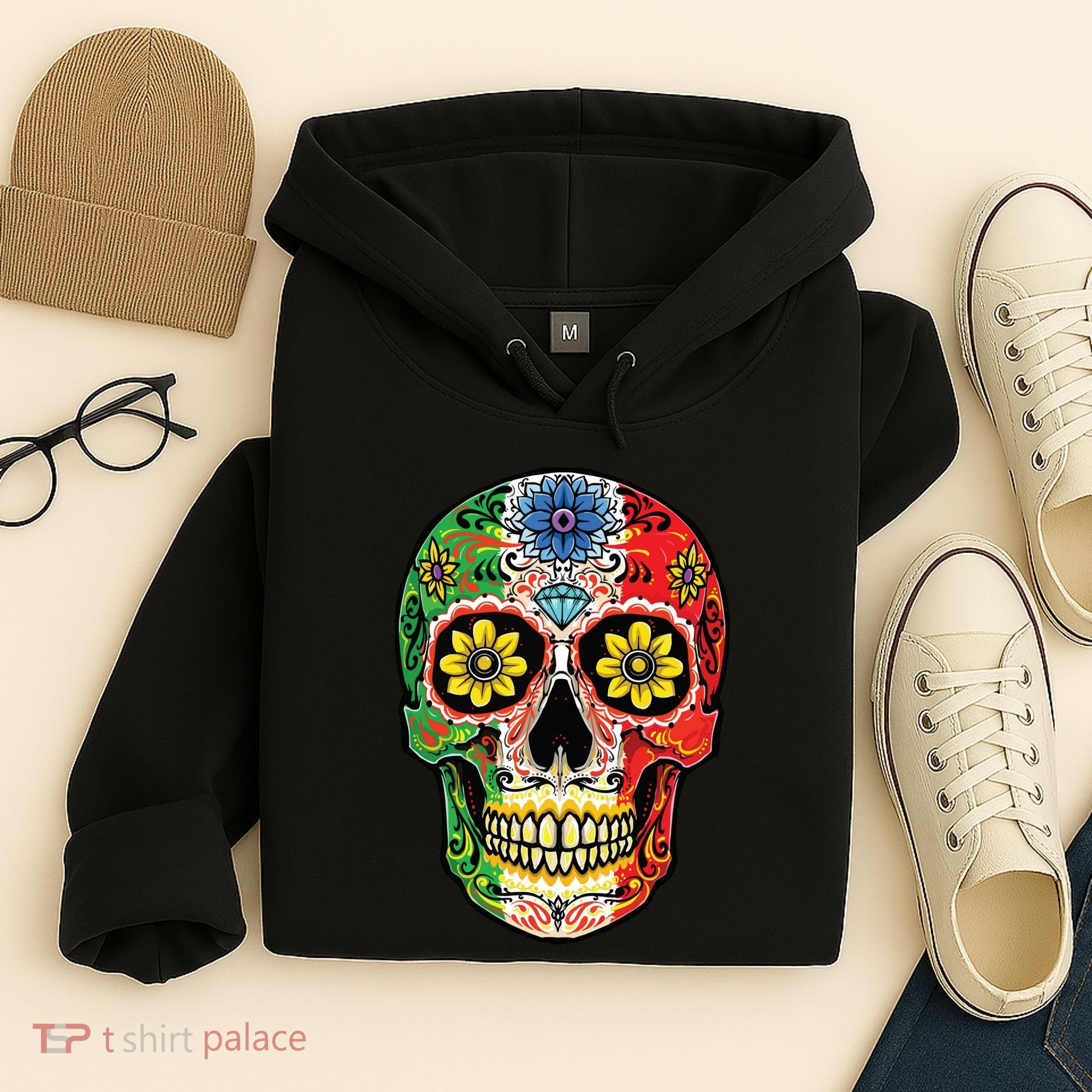 Dia De Muertos Cinco De Mayo Sugar Skull Mexican Flag Hoodie
