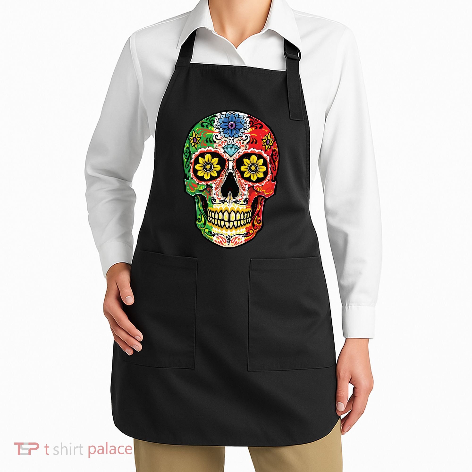 Dia De Muertos Cinco De Mayo Sugar Skull Mexican Flag Apron
