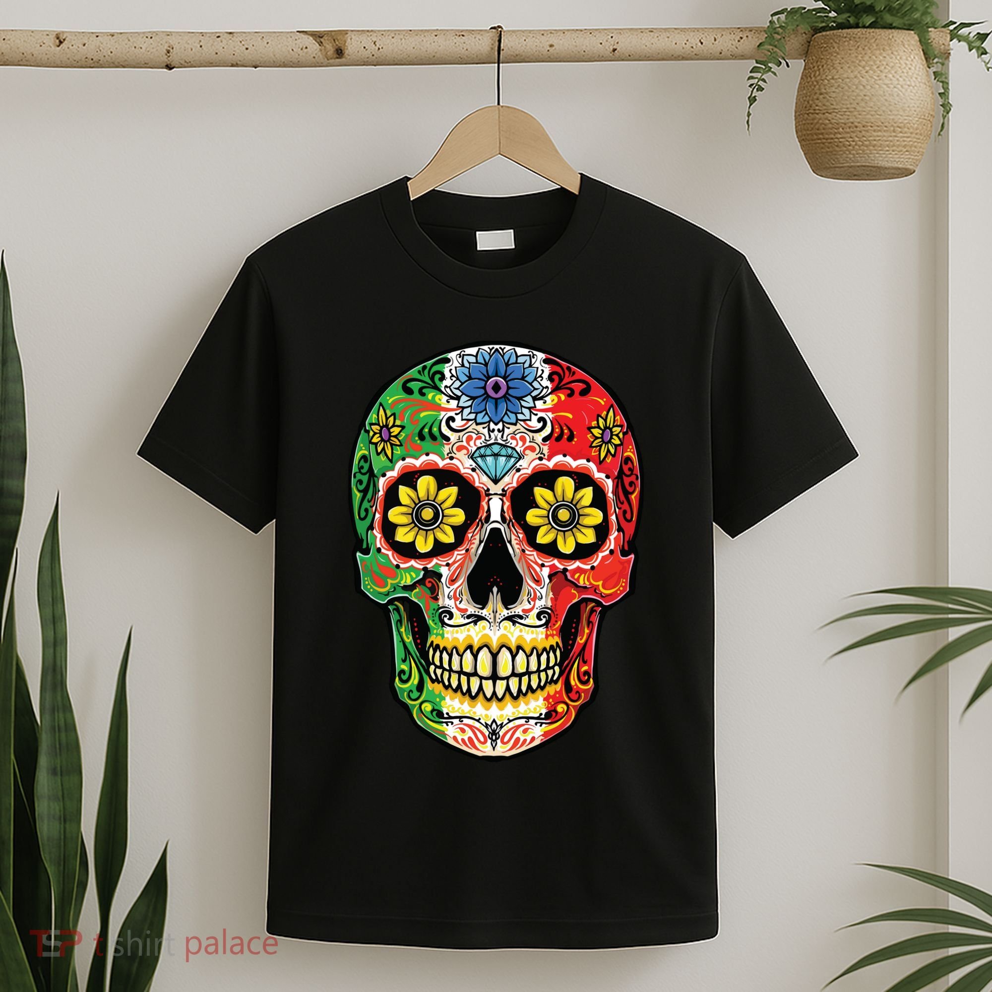 Dia De Muertos Cinco De Mayo Sugar Skull Mexican Flag T-Shirt