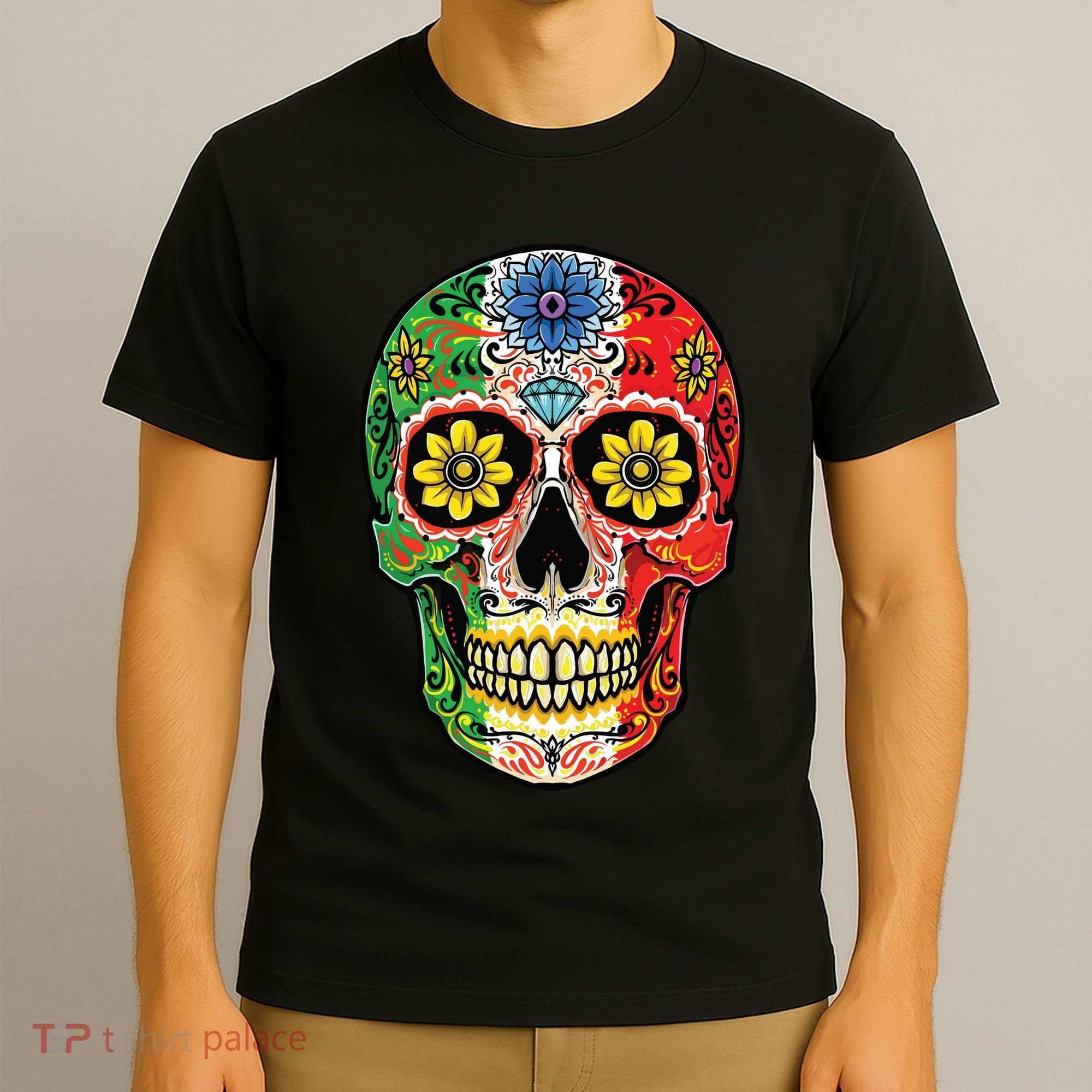 Dia De Muertos Cinco De Mayo Sugar Skull Mexican Flag T-Shirt