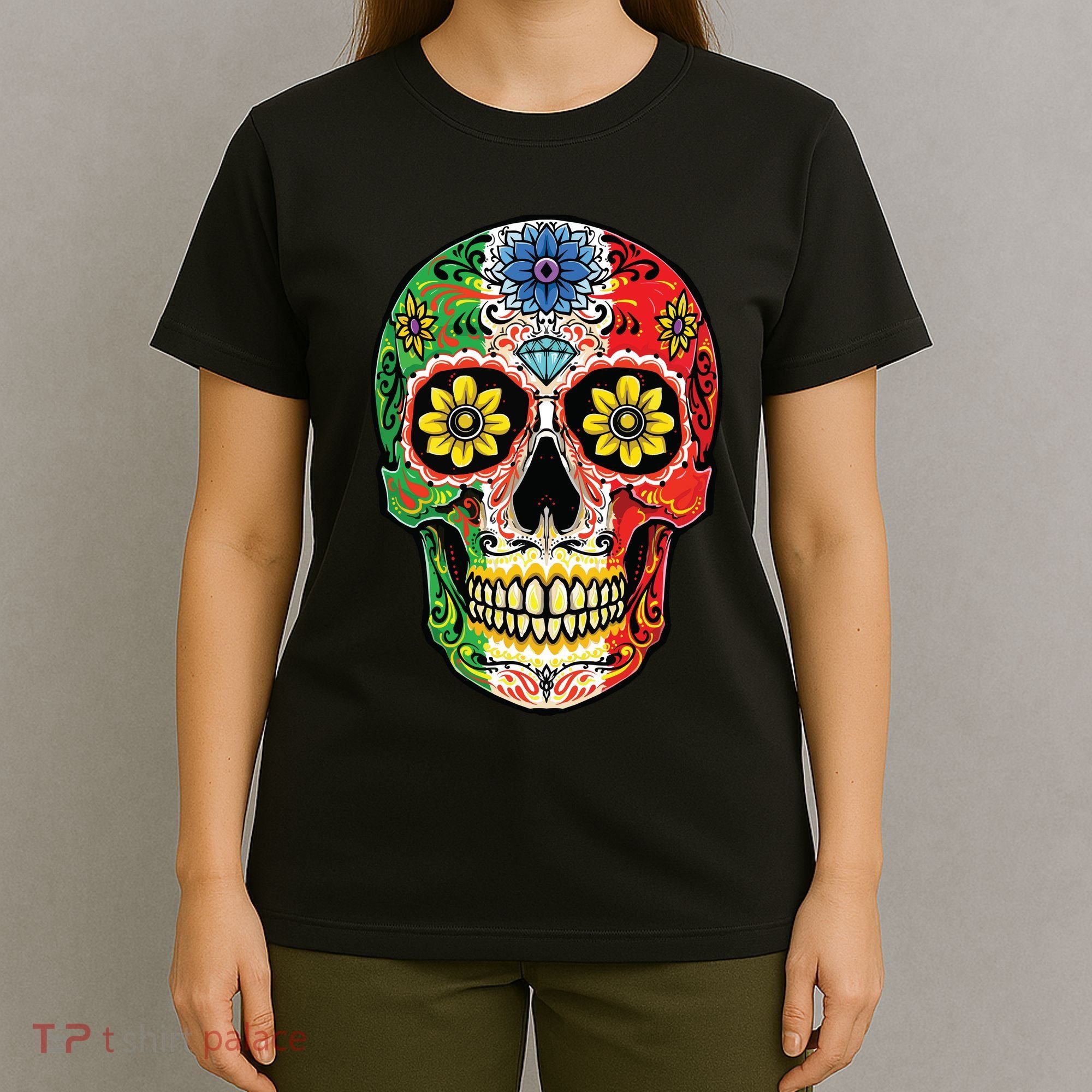 Dia De Muertos Cinco De Mayo Sugar Skull Mexican Flag T-Shirt