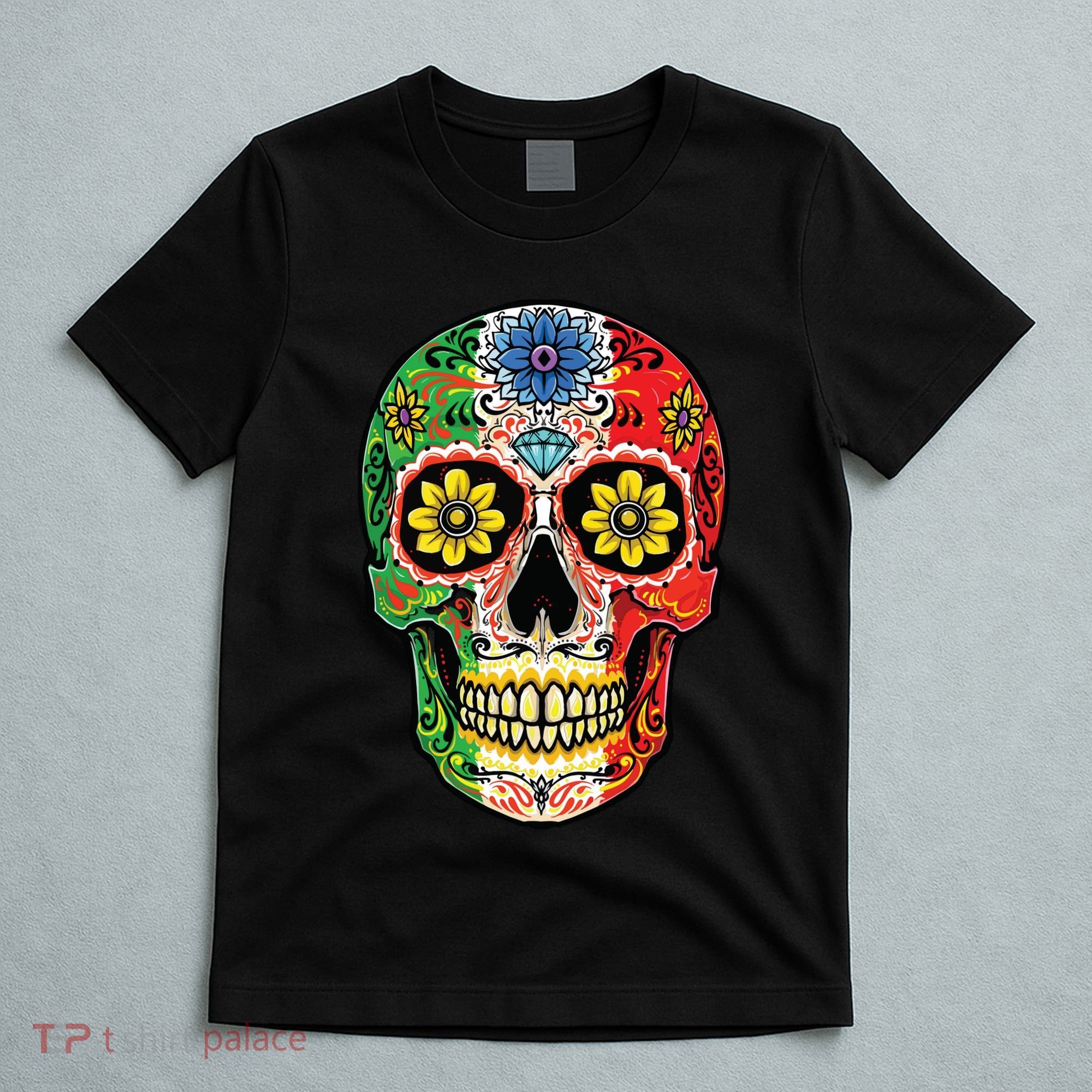 Dia De Muertos Cinco De Mayo Sugar Skull Mexican Flag T-Shirt