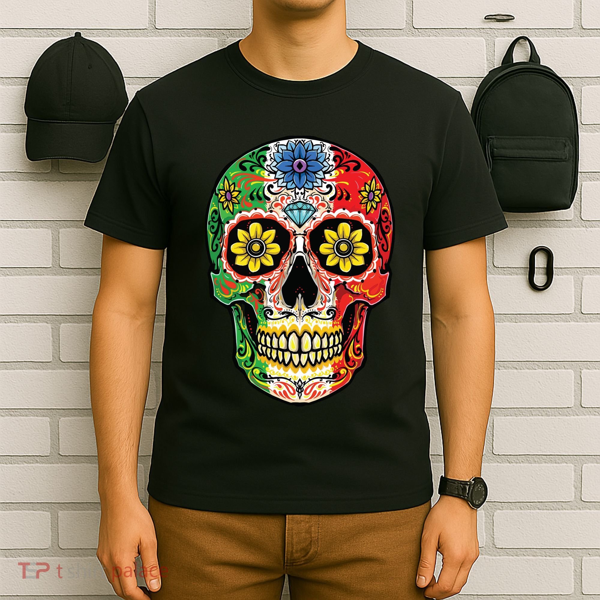 Dia De Muertos Cinco De Mayo Sugar Skull Mexican Flag T-Shirt