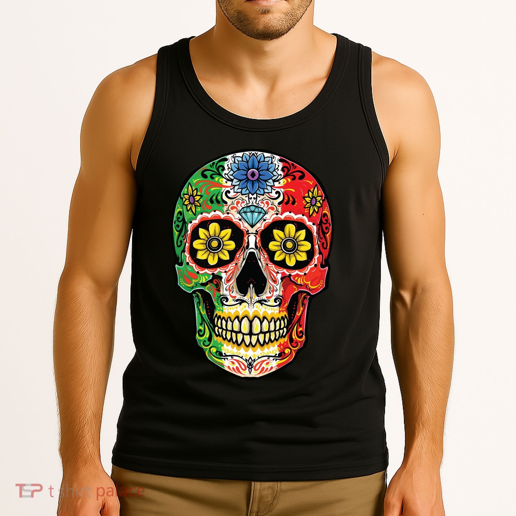 Dia De Muertos Cinco De Mayo Sugar Skull Mexican Flag Tank Top