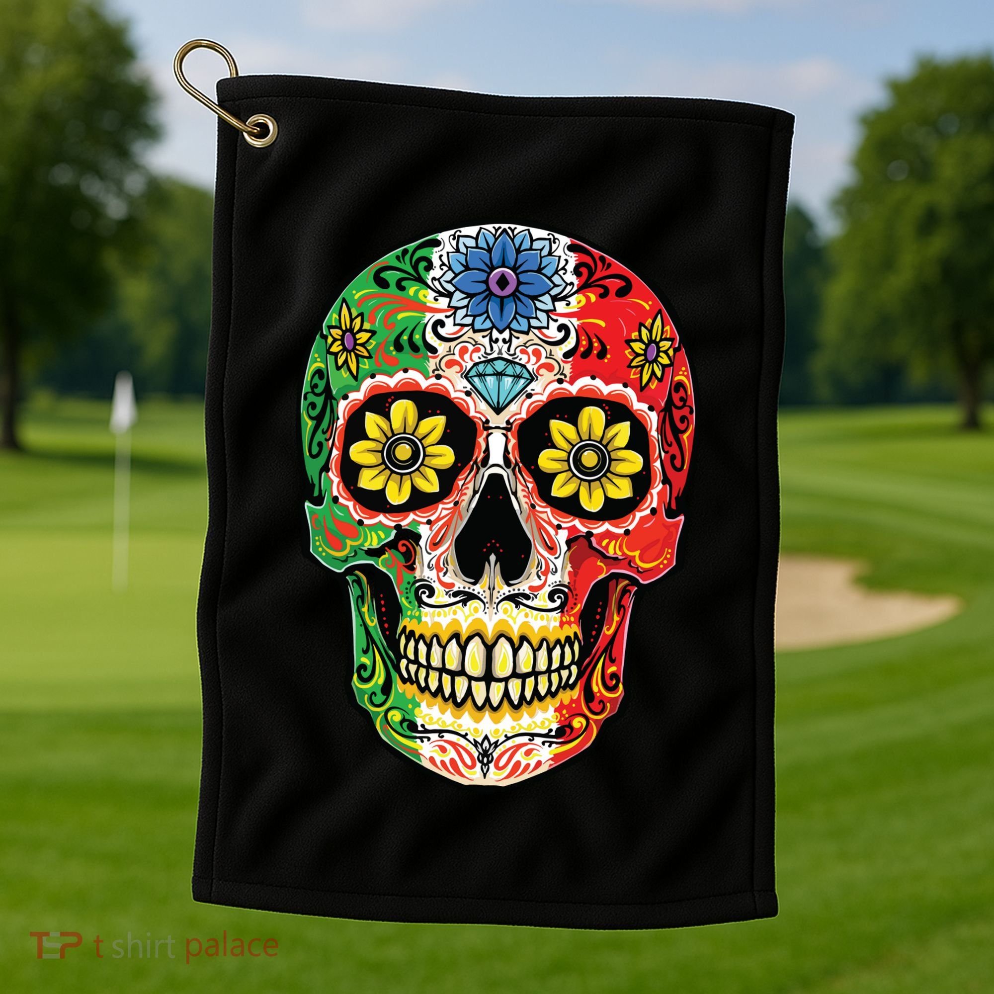 Dia De Muertos Cinco De Mayo Sugar Skull Mexican Flag Golf Towel