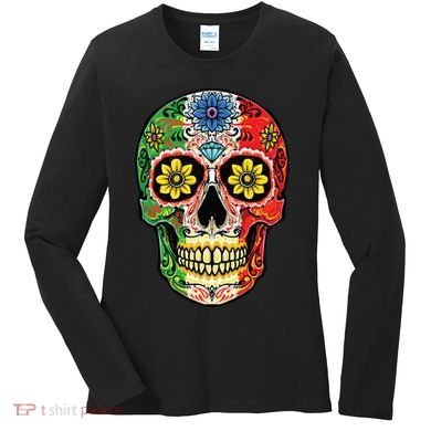 Dia De Muertos Cinco De Mayo Sugar Skull Mexican Flag Women's Long Sleeve Shirt