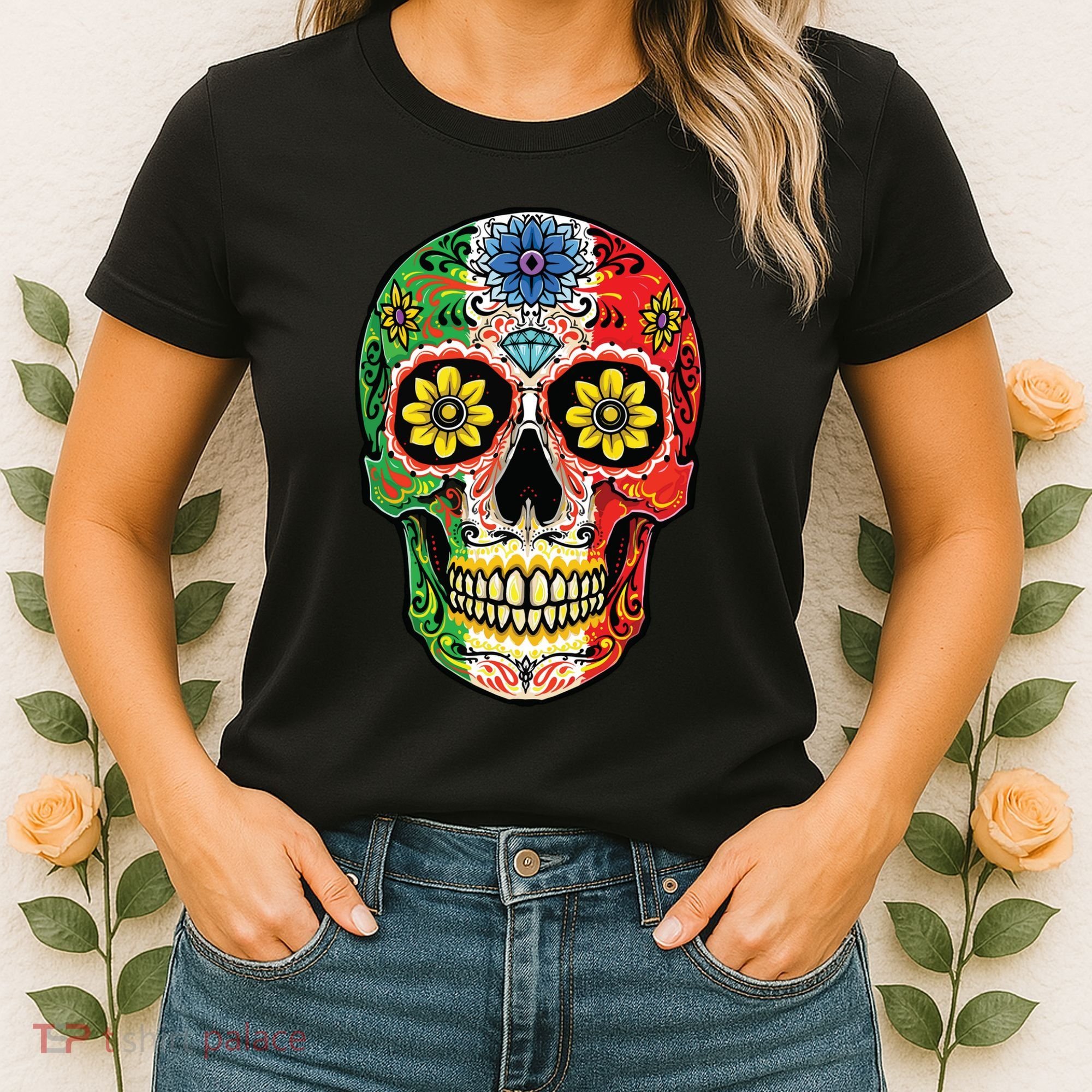 Dia De Muertos Cinco De Mayo Sugar Skull Mexican Flag Women's T-Shirt