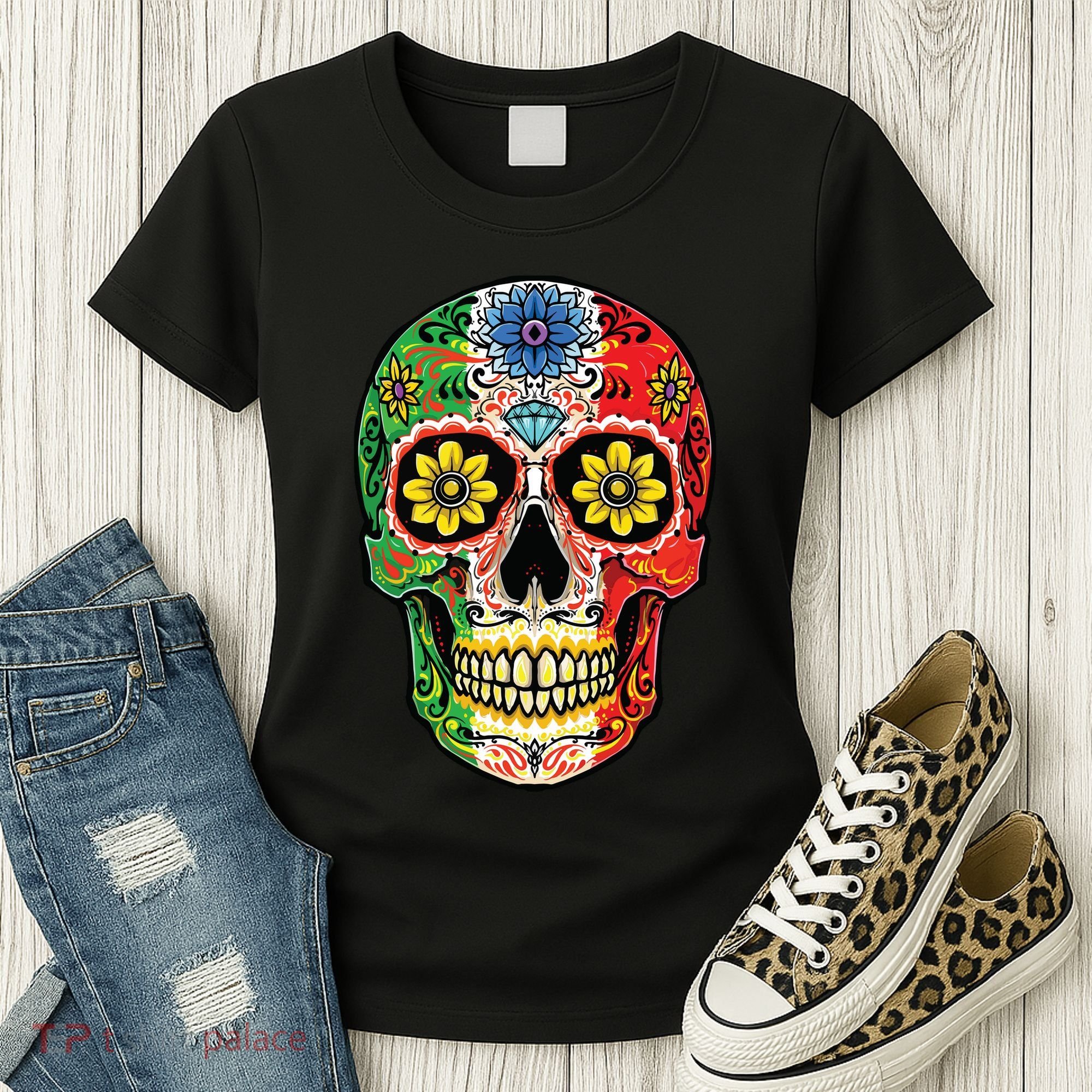 Dia De Muertos Cinco De Mayo Sugar Skull Mexican Flag Women's T-Shirt