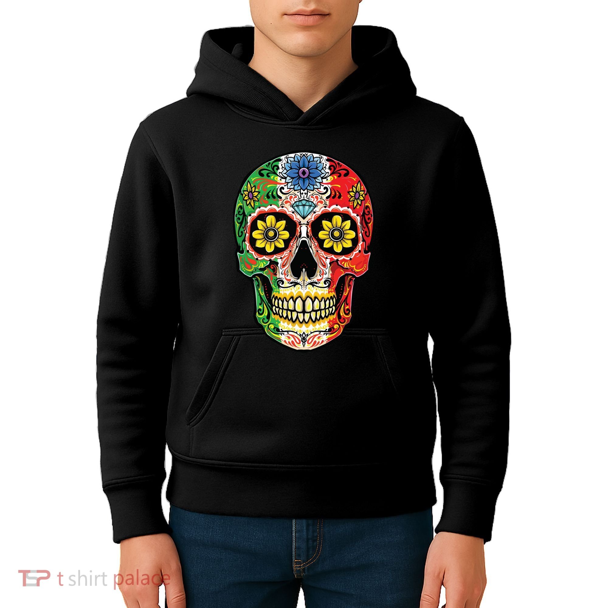 Dia De Muertos Cinco De Mayo Sugar Skull Mexican Flag Kids Hoodie