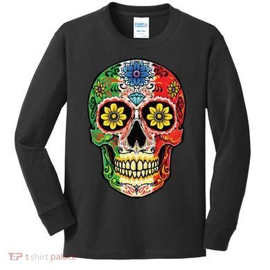 Dia De Muertos Cinco De Mayo Sugar Skull Mexican Flag Kids Long Sleeve Shirt