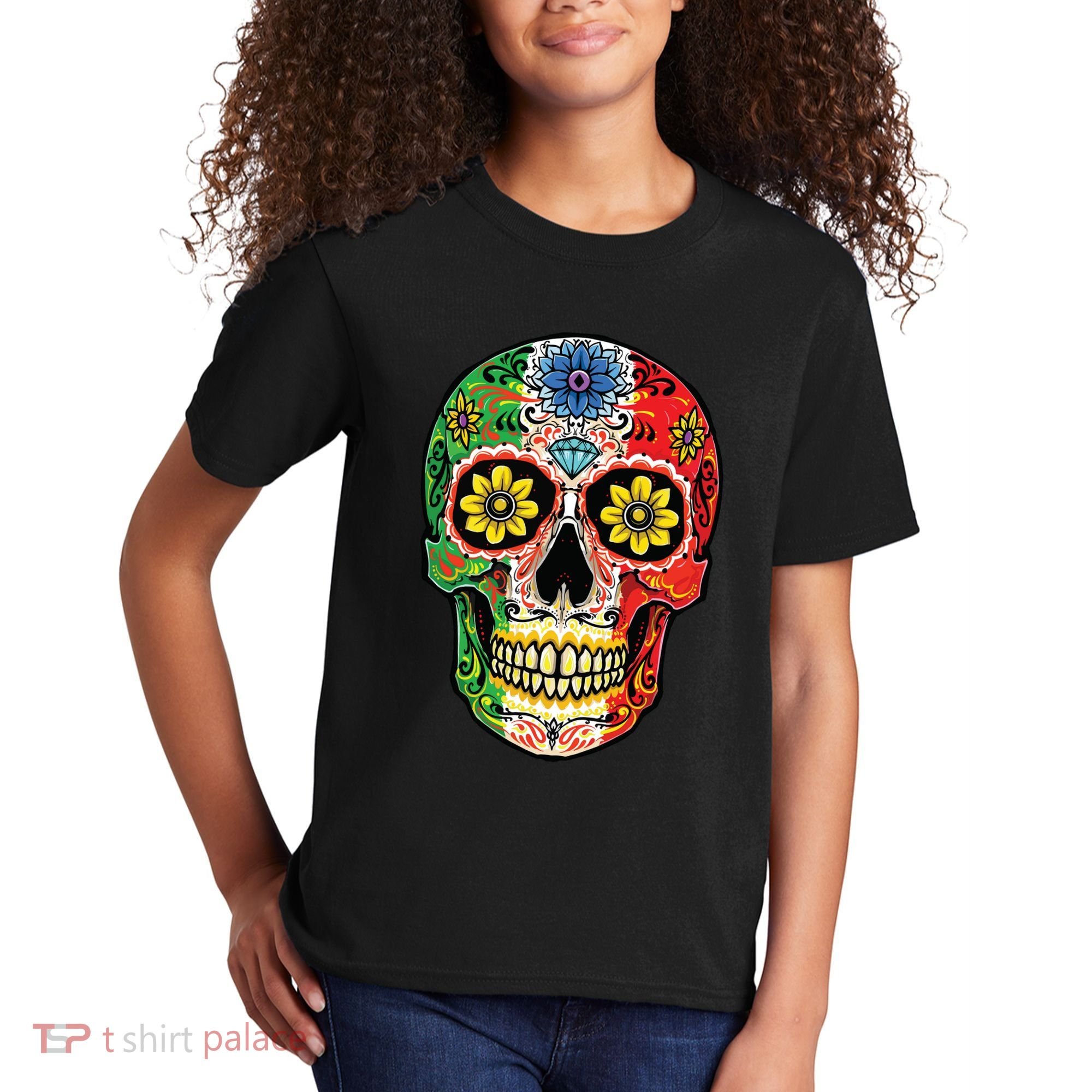 Dia De Muertos Cinco De Mayo Sugar Skull Mexican Flag Kids T-Shirt