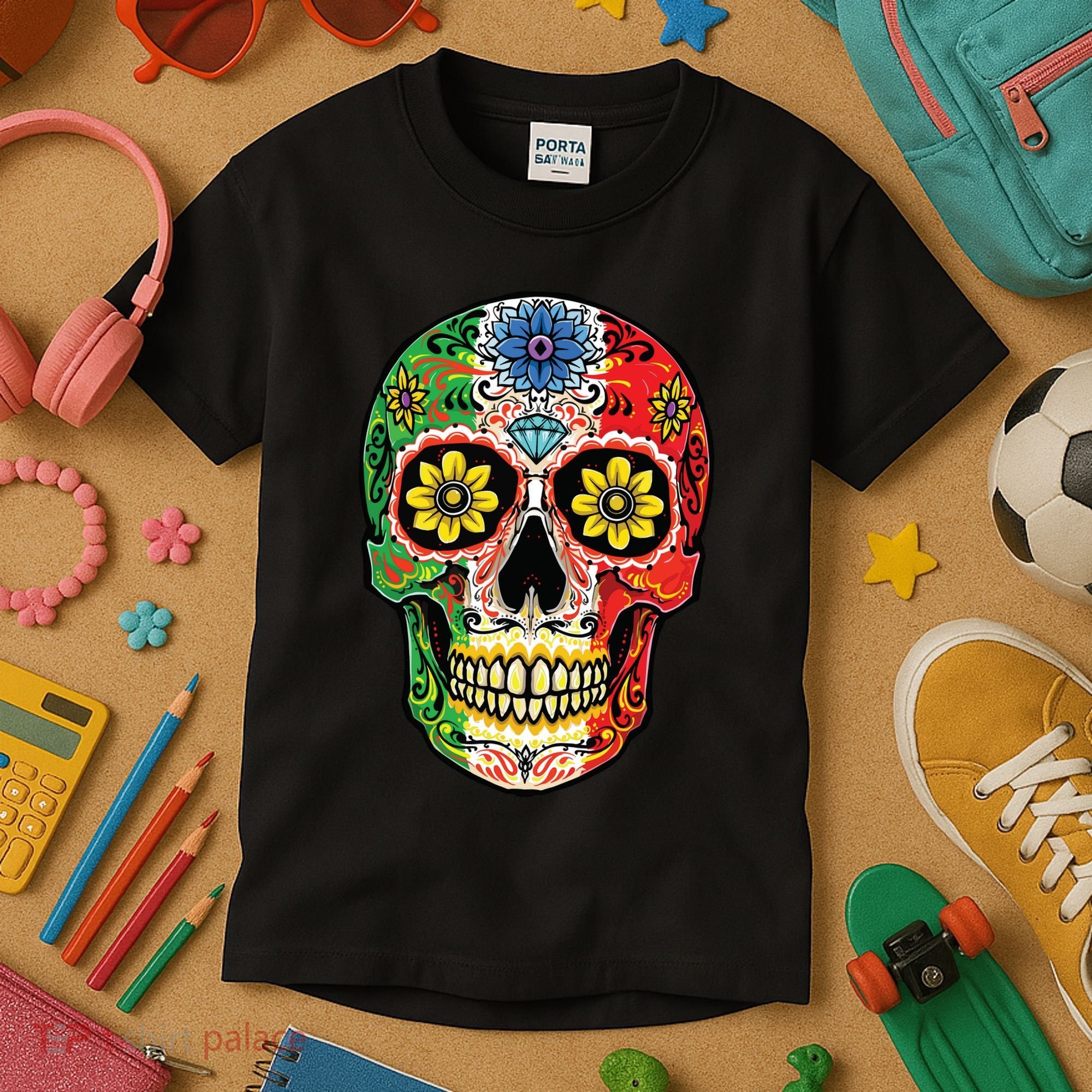 Dia De Muertos Cinco De Mayo Sugar Skull Mexican Flag Kids T-Shirt