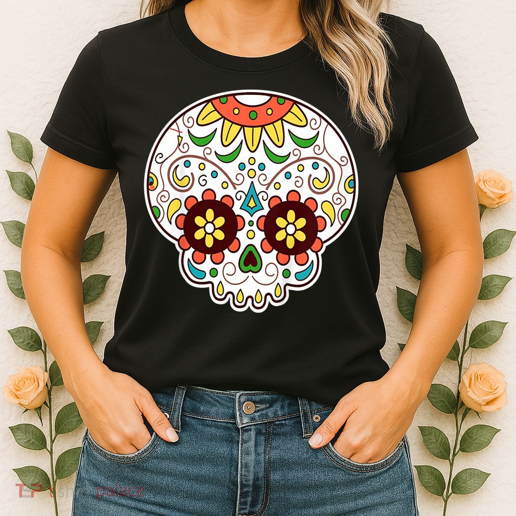 DOD Day Of The Dead Sugar Floral Skull Head Women's T-Shirt