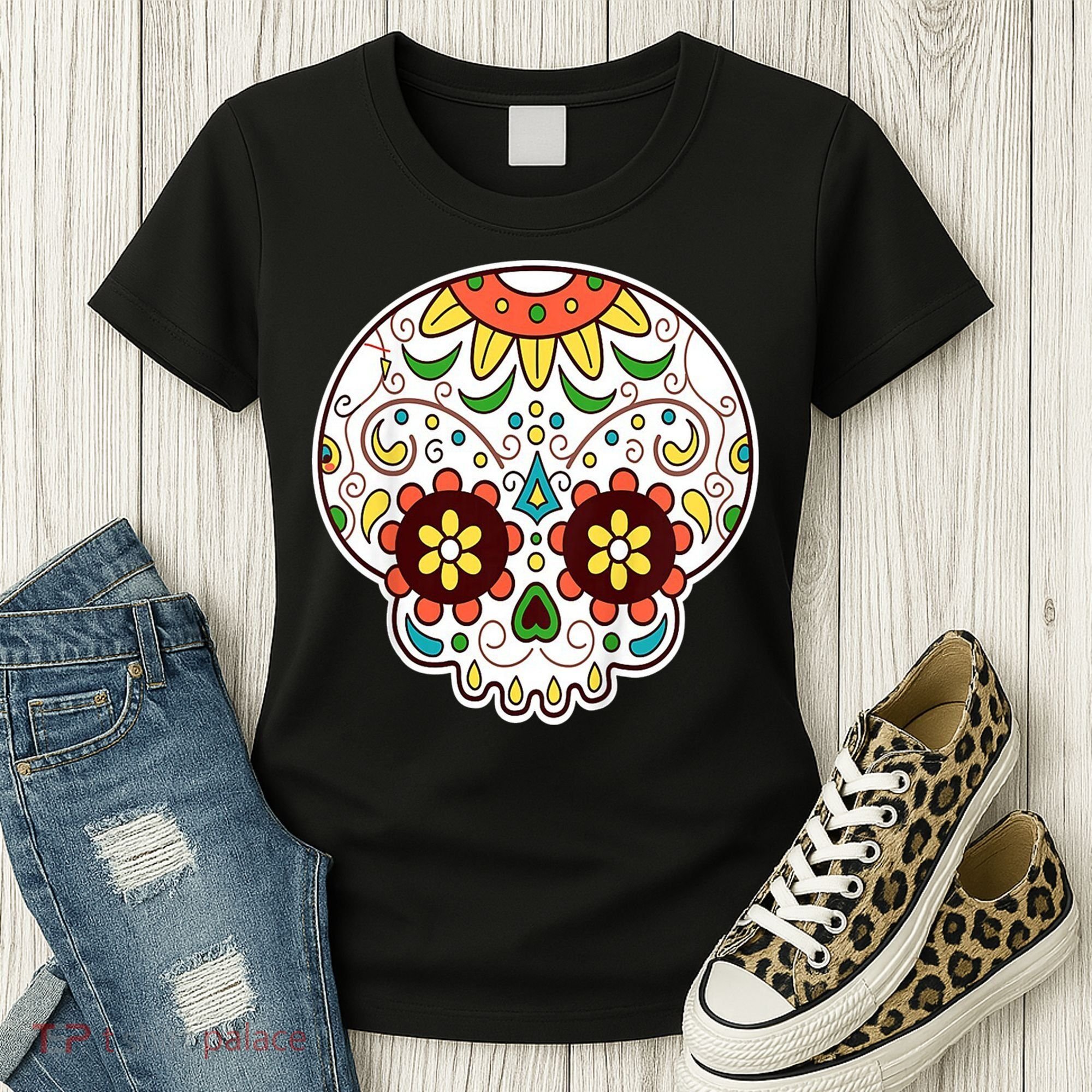 DOD Day Of The Dead Sugar Floral Skull Head Women's T-Shirt