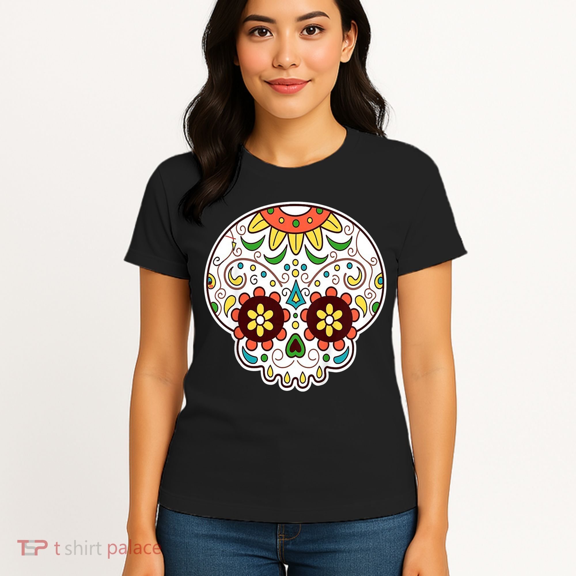 DOD Day Of The Dead Sugar Floral Skull Head Women's T-Shirt