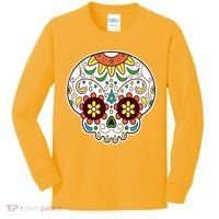 DOD Day Of The Dead Sugar Floral Skull Head Kids Long Sleeve Shirt thumb 0
