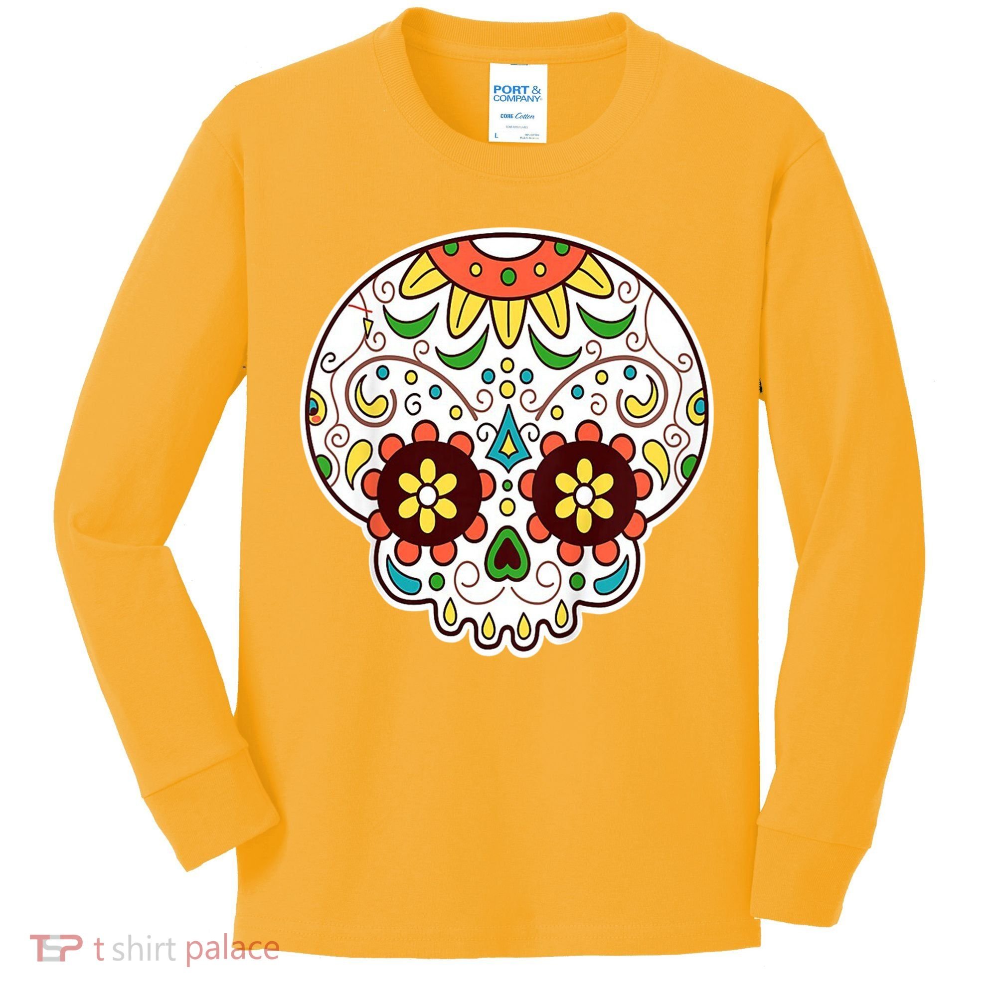 DOD Day Of The Dead Sugar Floral Skull Head Kids Long Sleeve Shirt