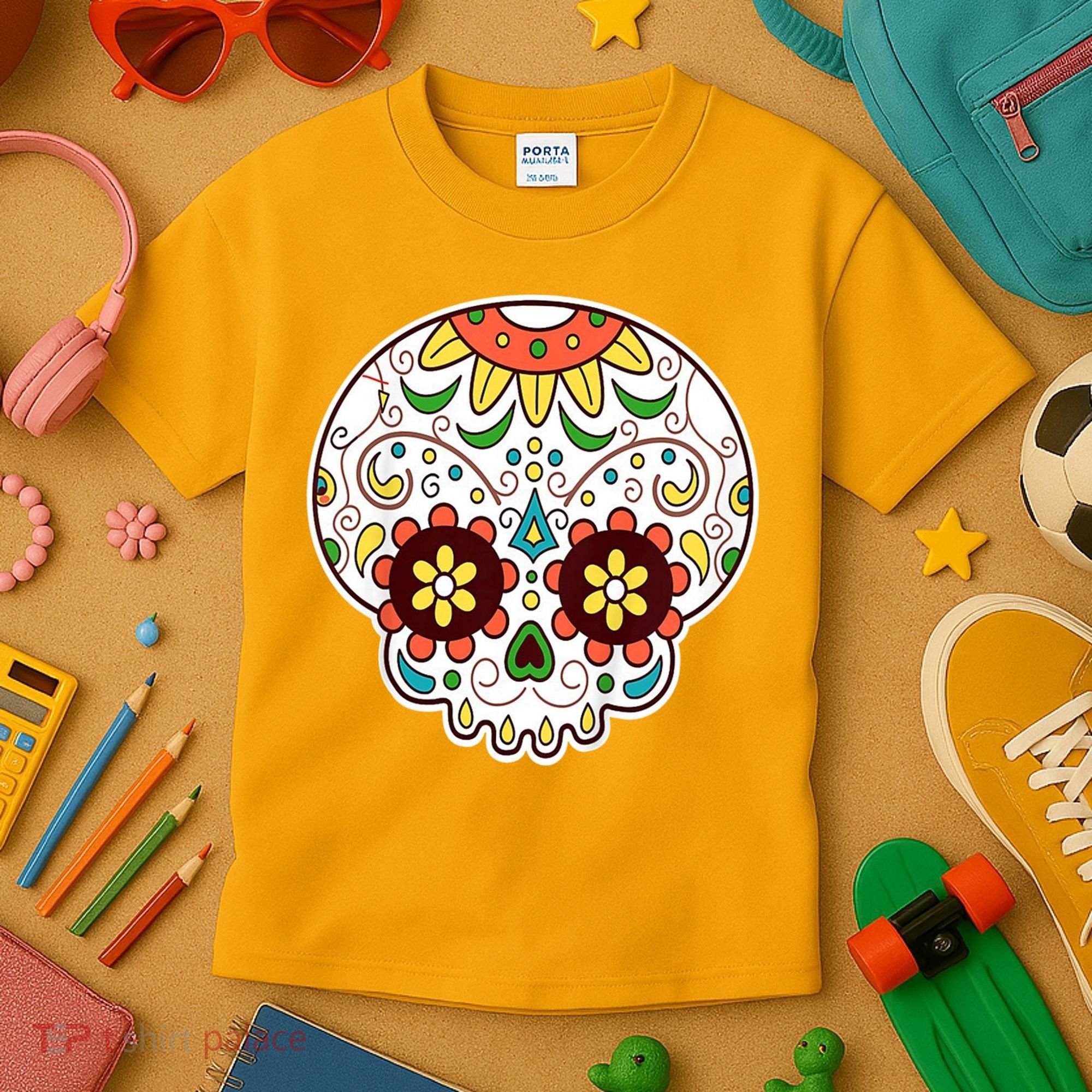 DOD Day Of The Dead Sugar Floral Skull Head Kids T-Shirt