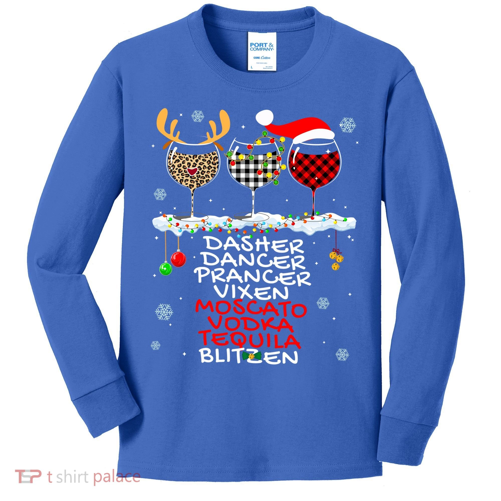 Dasher Dancer Prancer Vixen Moscato Vodka Tequila Blitzen Cool Gift Kids Long Sleeve Shirt