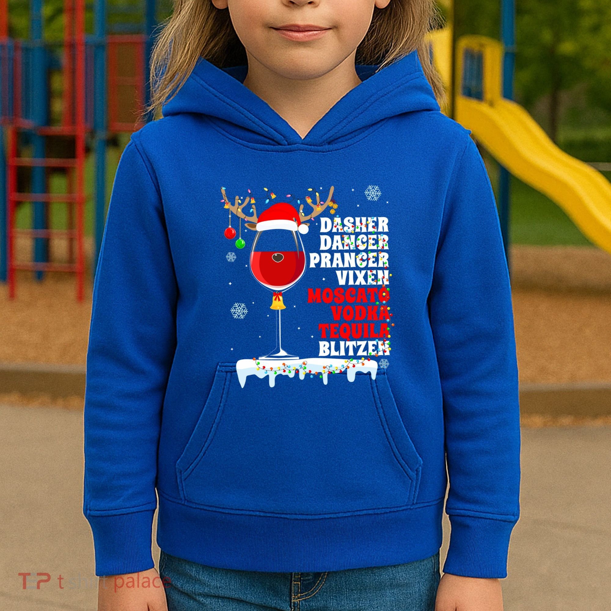 Dasher Dancer Prancer Vixen Moscato Vodka Tequila Blitzen Gift Kids Hoodie