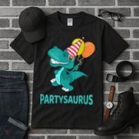 Dino Dinosaur Party Party Saurus Funny Dinosaur With Balloon Tall T-Shirt thumb 3