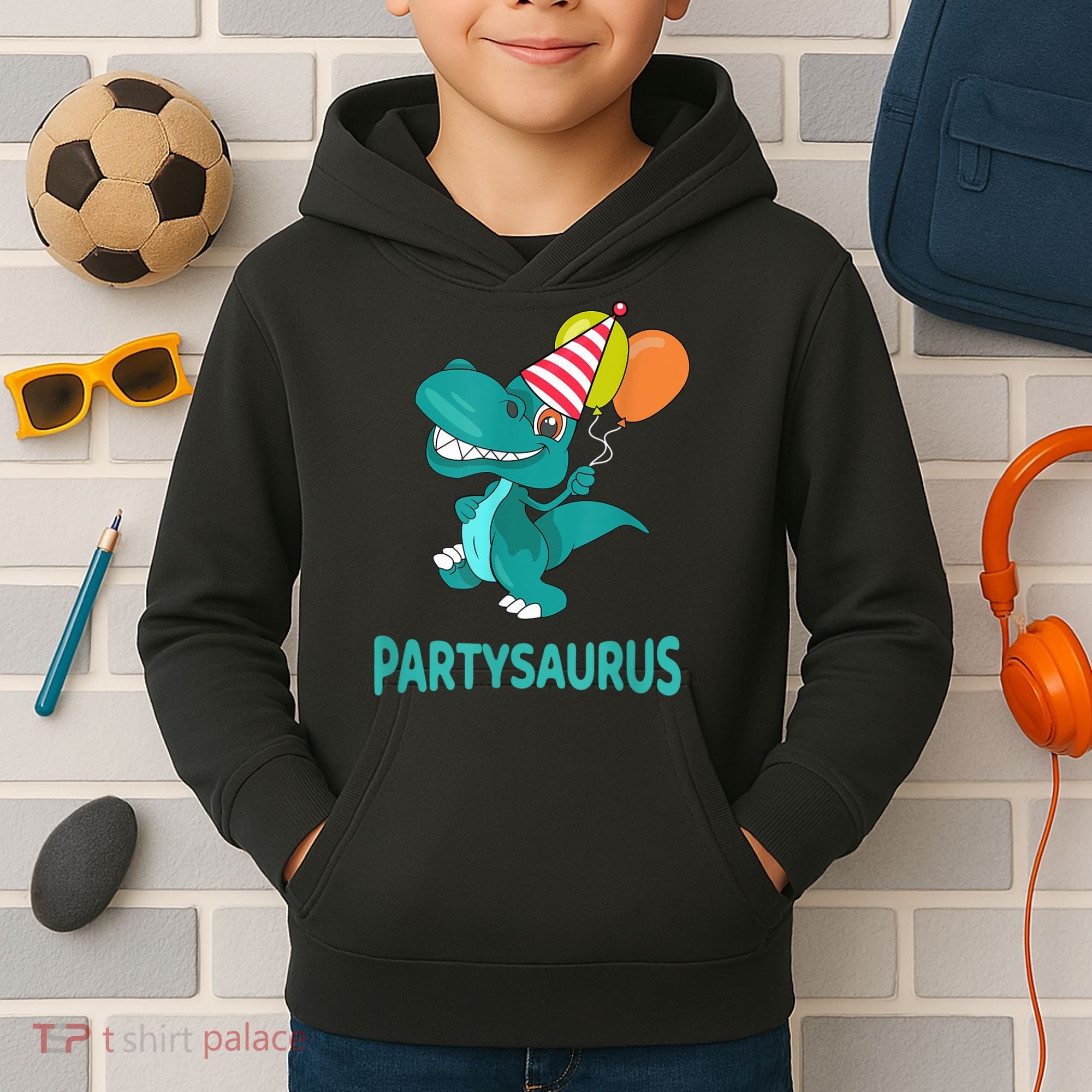 Dino Dinosaur Party Party Saurus Funny Dinosaur With Balloon Kids Hoodie