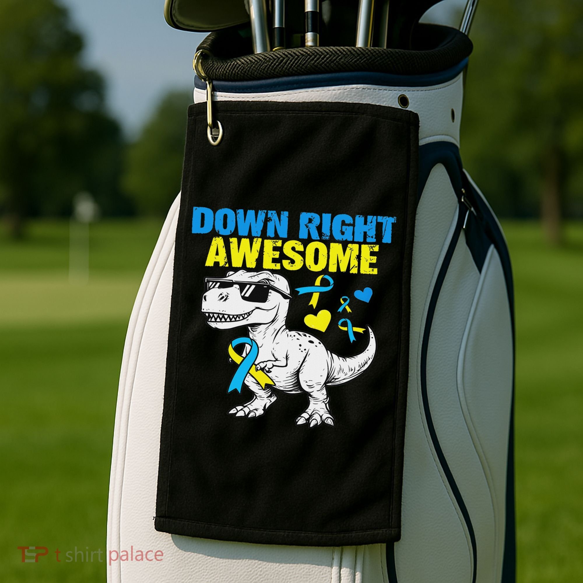Dinosaur Down Right Awesome Down Syndrome Awareness Golf Towel