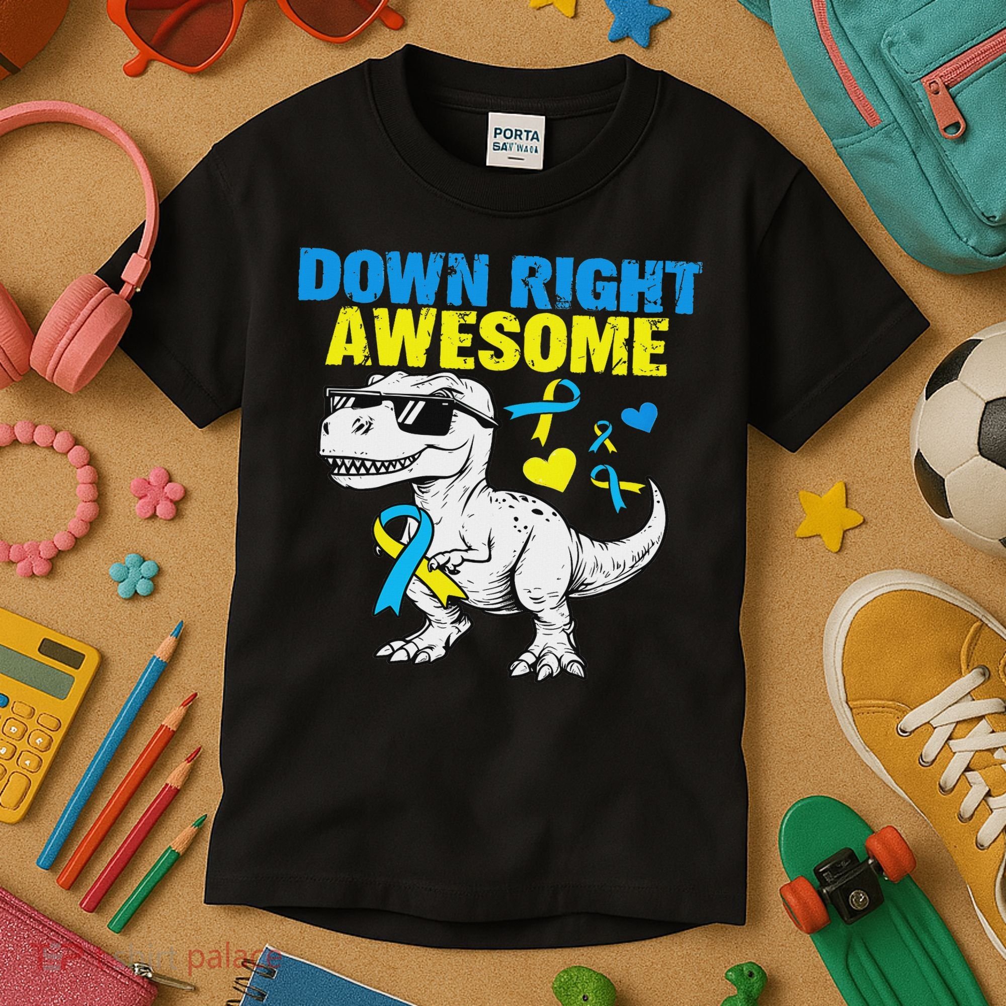 Dinosaur Down Right Awesome Down Syndrome Awareness Kids T-Shirt