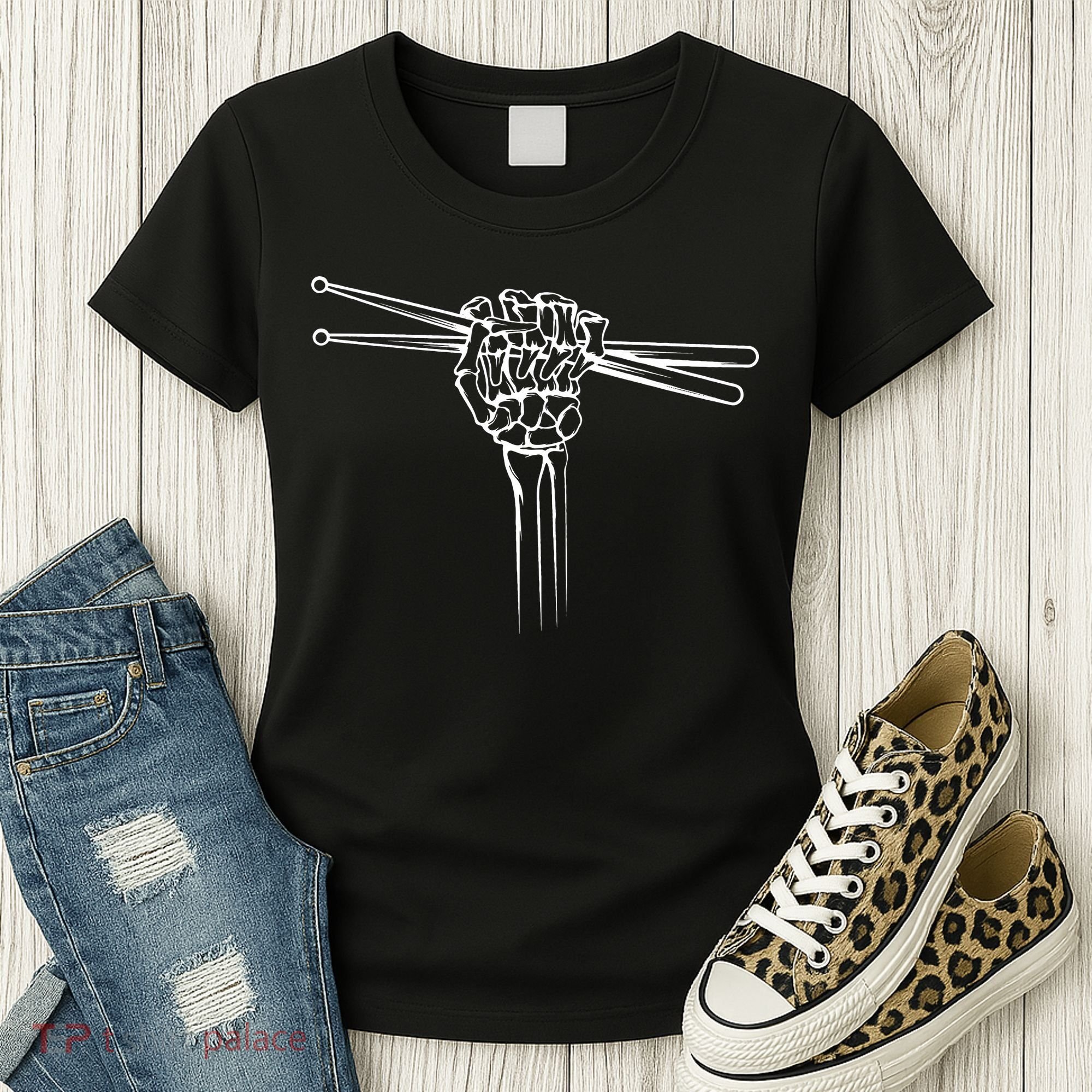 Drummer Drum Sticks Skeleton Hand Horns Women's T-Shirt
