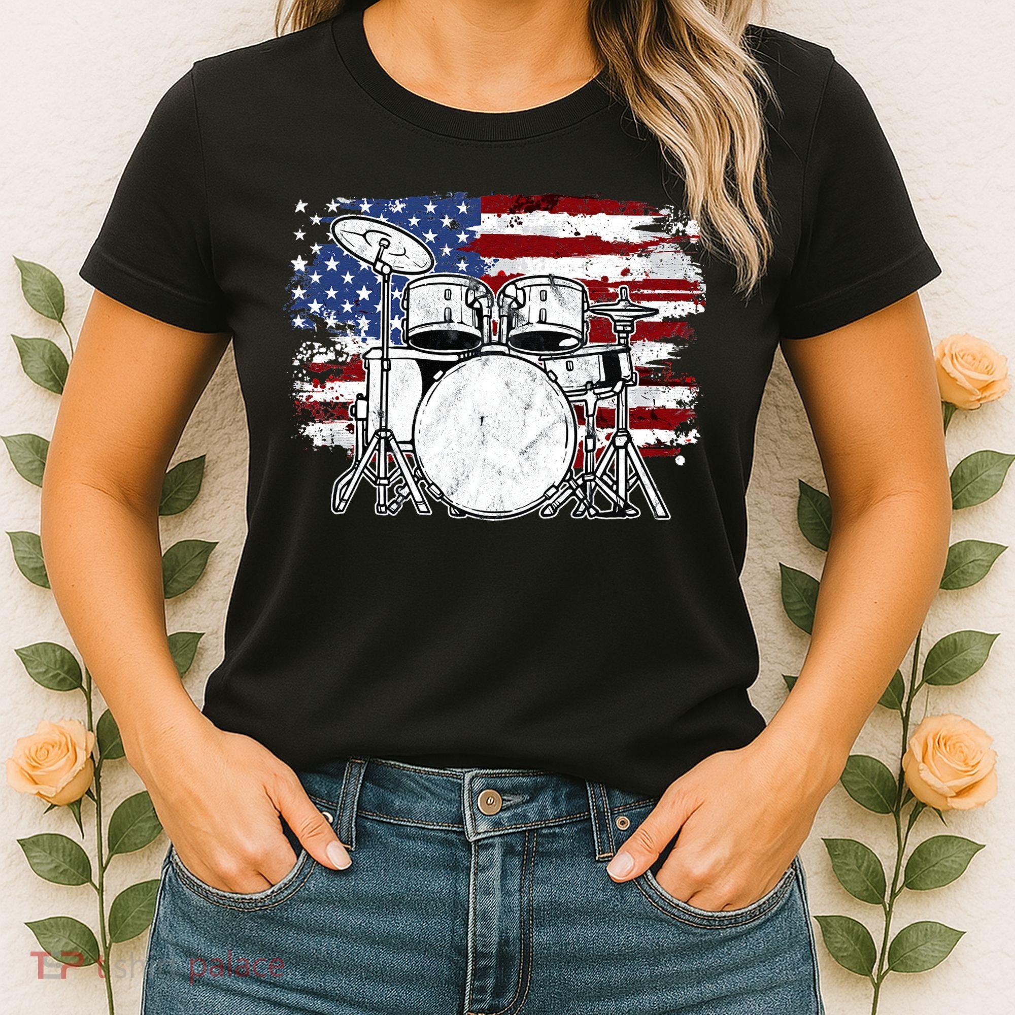 Drummer Drum Set Drums USA Flag American 4th Of July Gift Women's T-Shirt