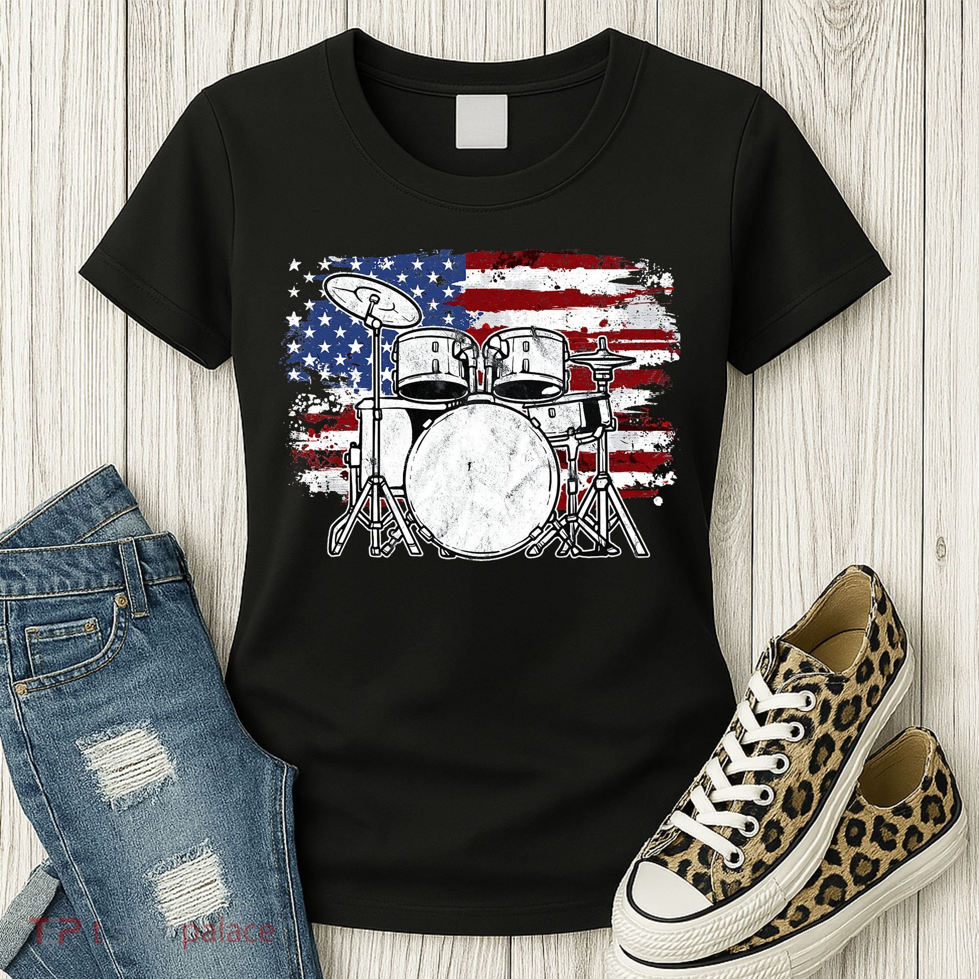 Drummer Drum Set Drums USA Flag American 4th Of July Gift Women's T-Shirt