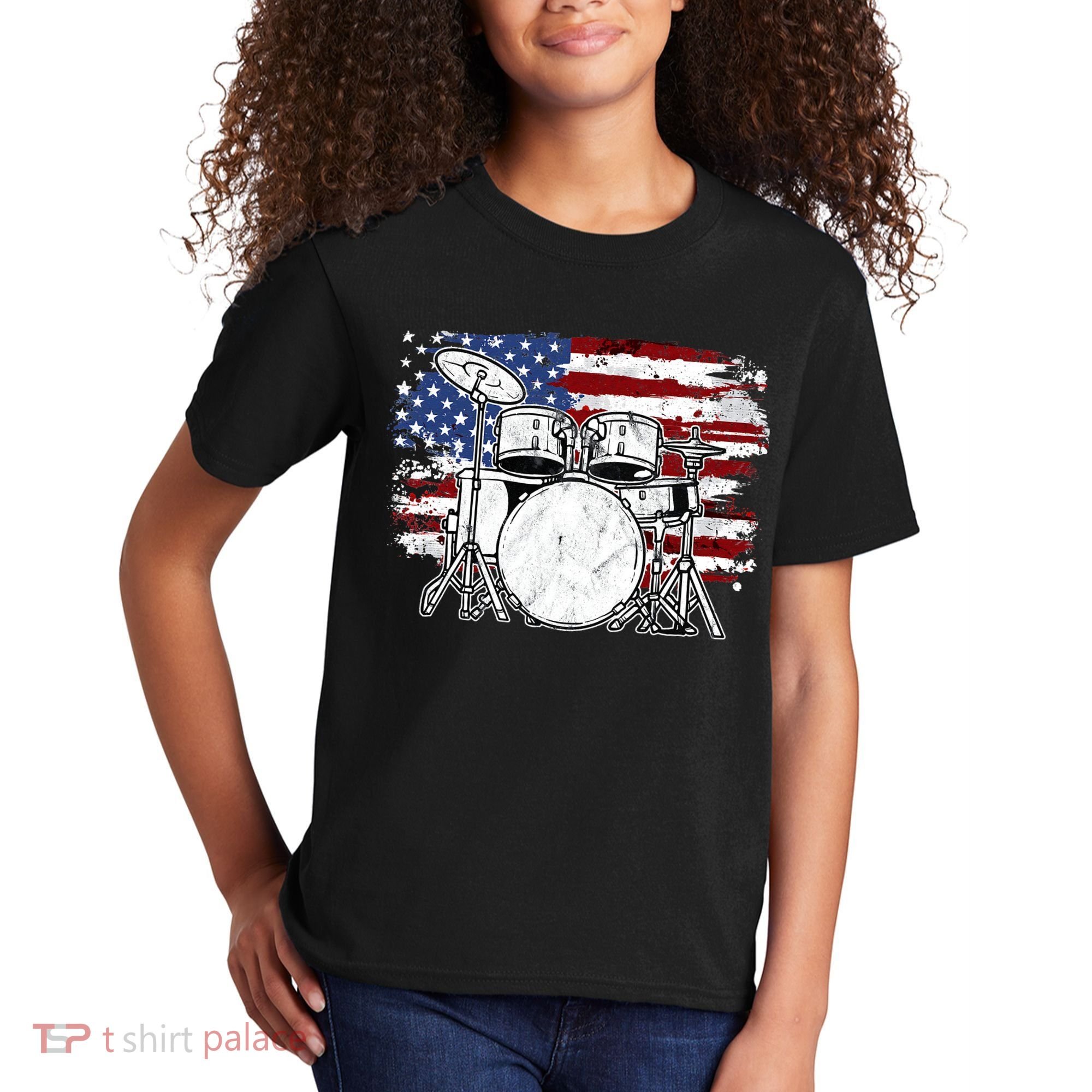Drummer Drum Set Drums USA Flag American 4th Of July Gift Kids T-Shirt