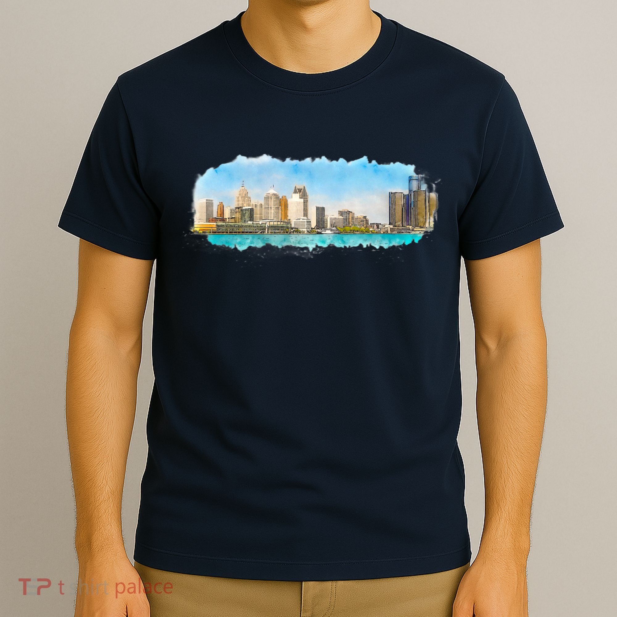 Downtown Detroit Skyline Watercolor Sketch T-Shirt