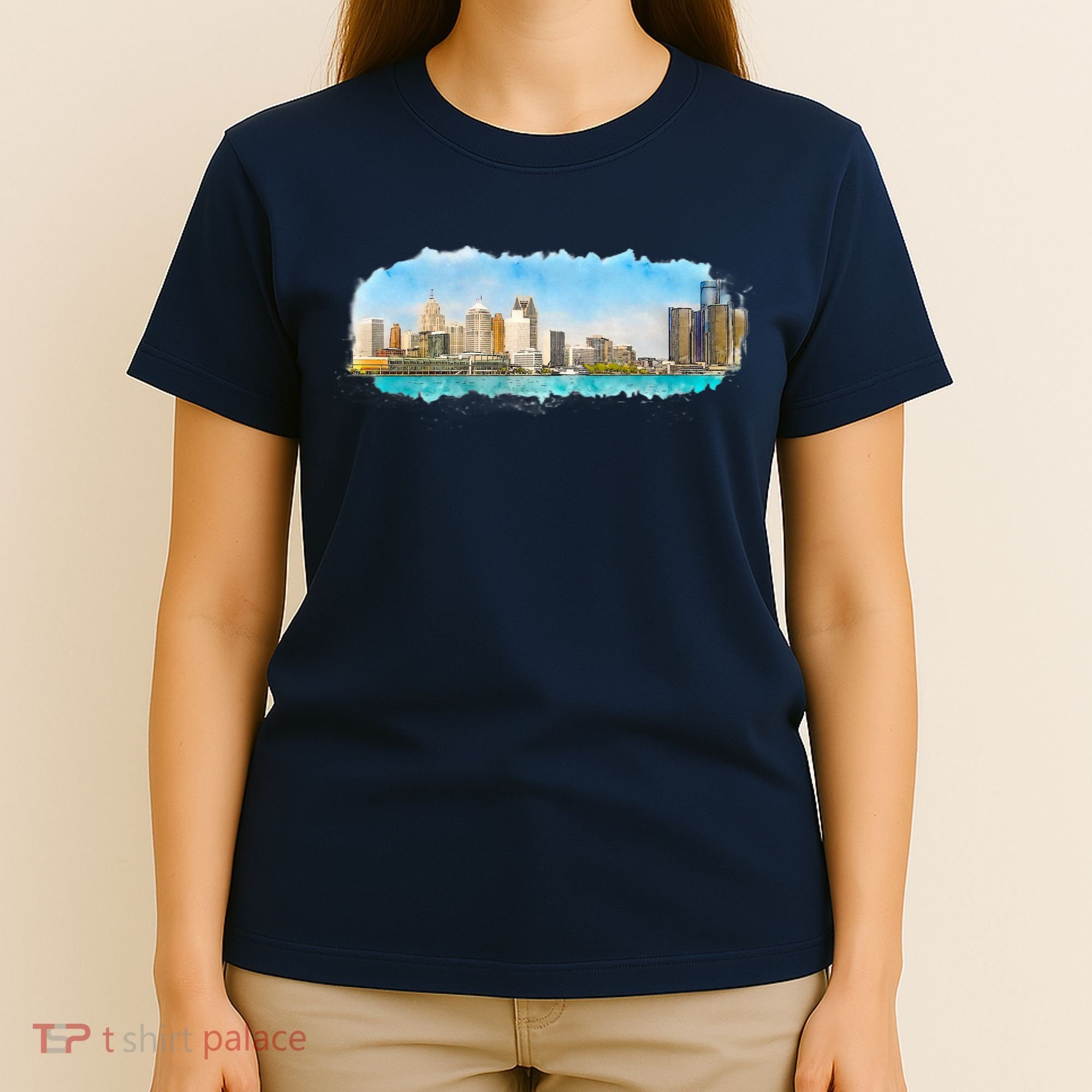 Downtown Detroit Skyline Watercolor Sketch T-Shirt