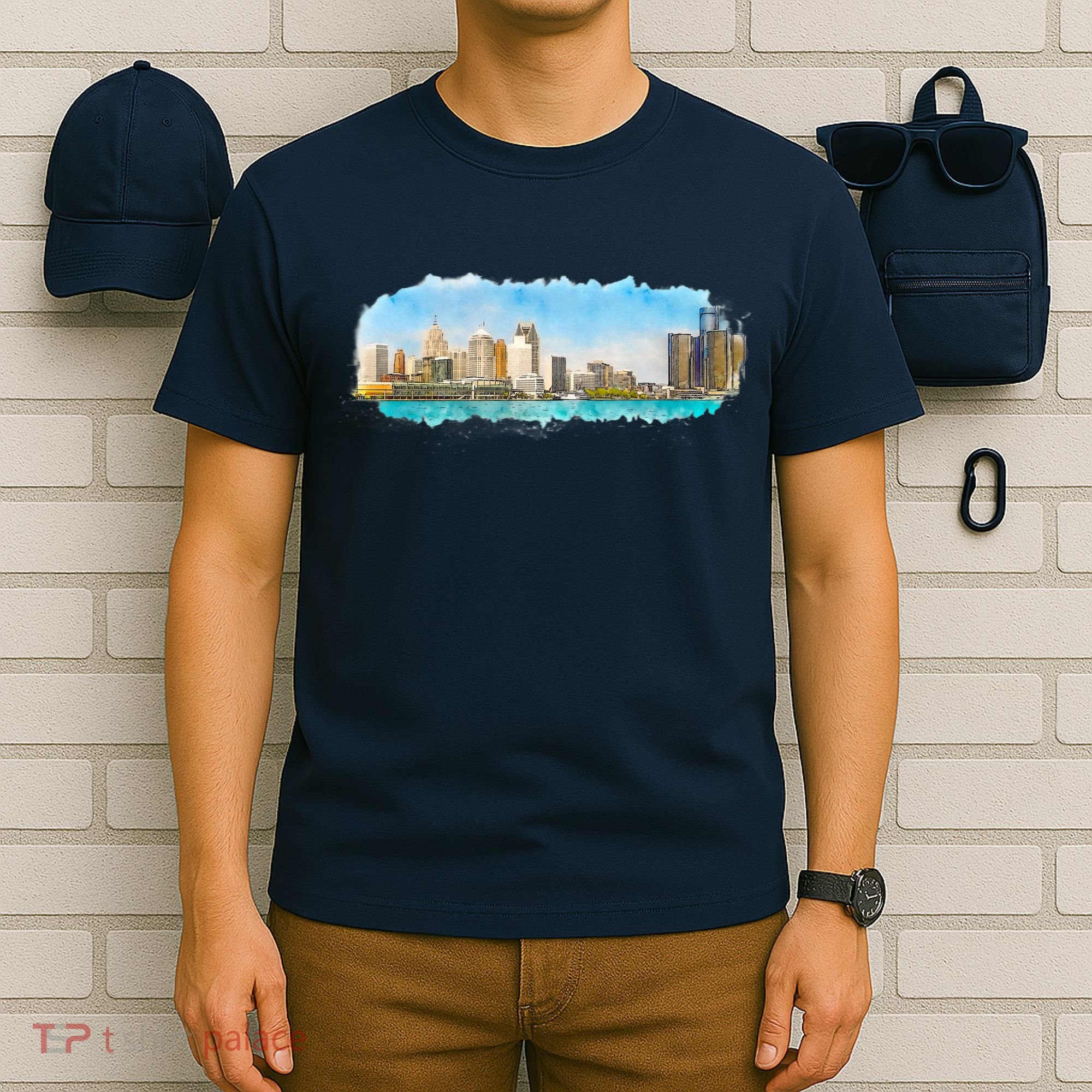 Downtown Detroit Skyline Watercolor Sketch T-Shirt