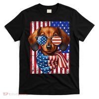 Dachshund Dog Usa Flag Sunglasses Patriotic 4th Of July T-Shirt thumb 0