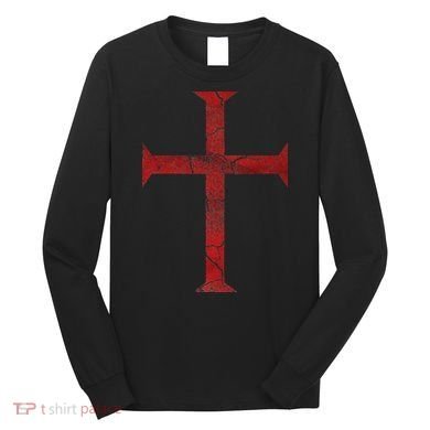 Distressed Deus Vult Knights Templar Cross Crusader Long Sleeve Shirt