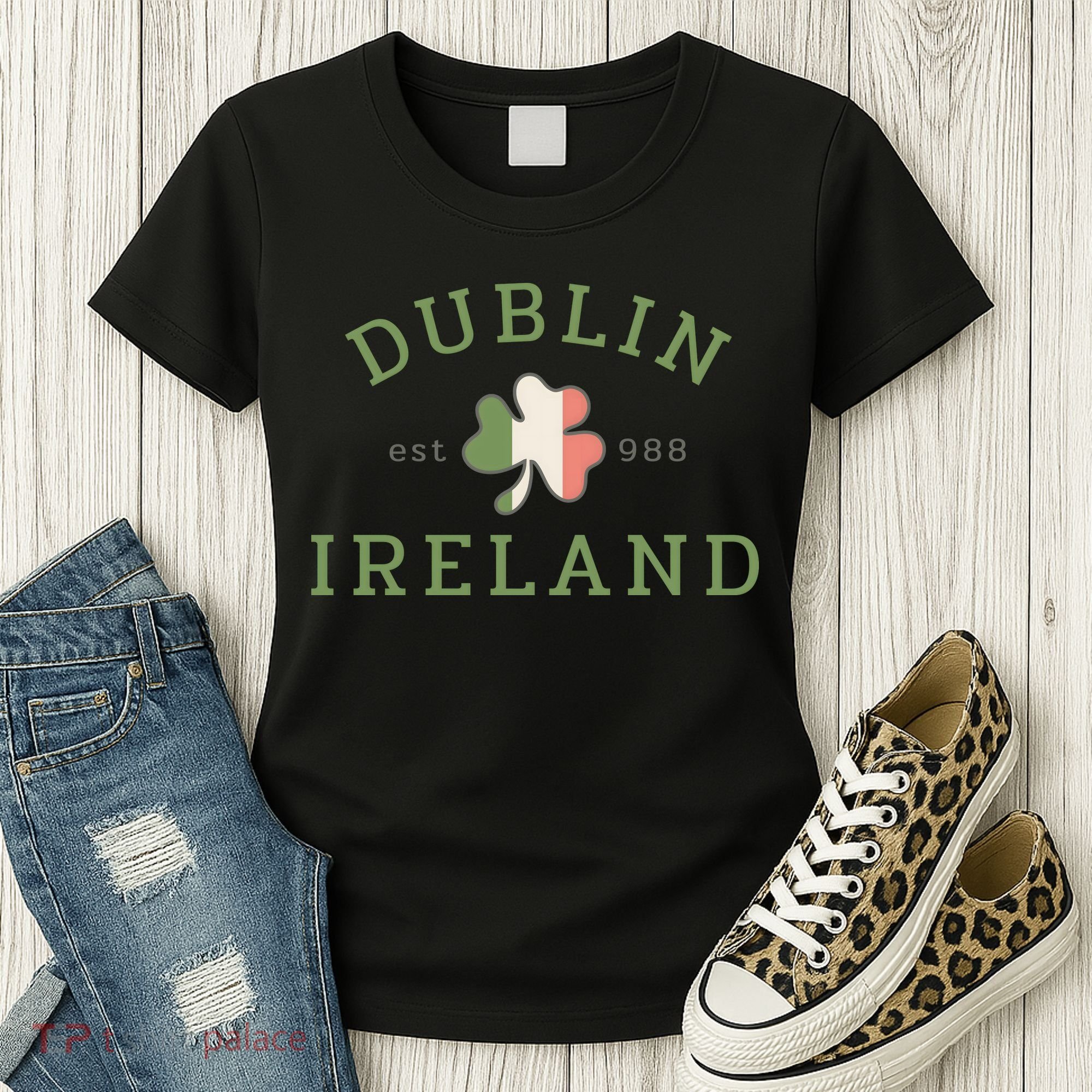 Dublin Est 988 Ireland Flag Shamrock Groovy St Patrick Day Women's T-Shirt