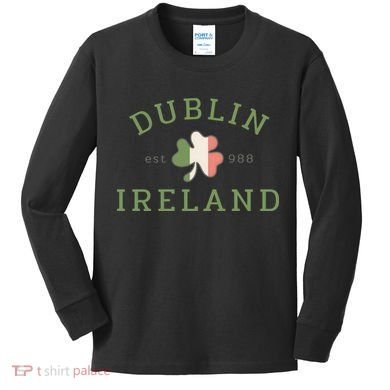 Dublin Est 988 Ireland Flag Shamrock Groovy St Patrick Day Kids Long Sleeve Shirt