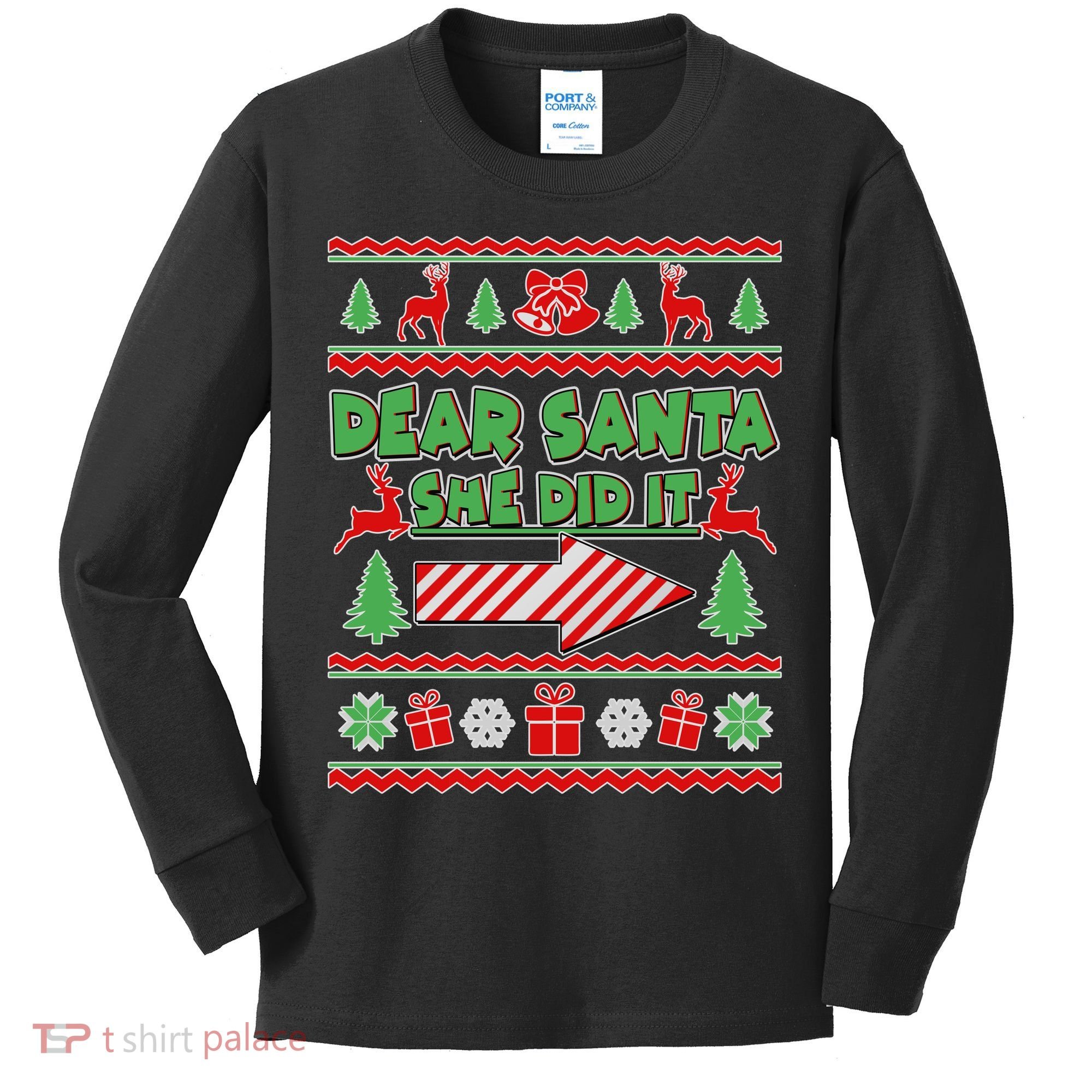 Dear Santa She Did It Ugly Christmas Matching Kids Long Sleeve Shirt