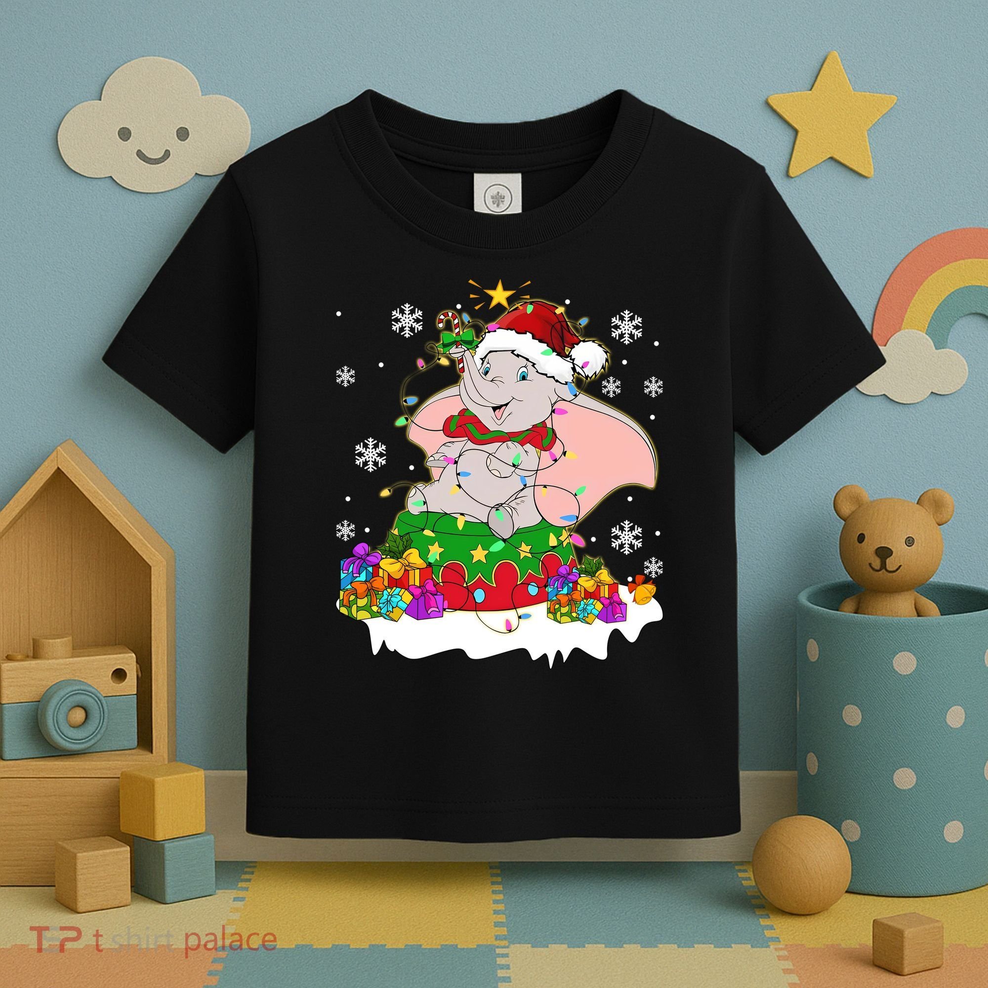 Dumbo Elephant Christmas Light Cute Dumbo Flying Elephant Christmas Toddler T-Shirt