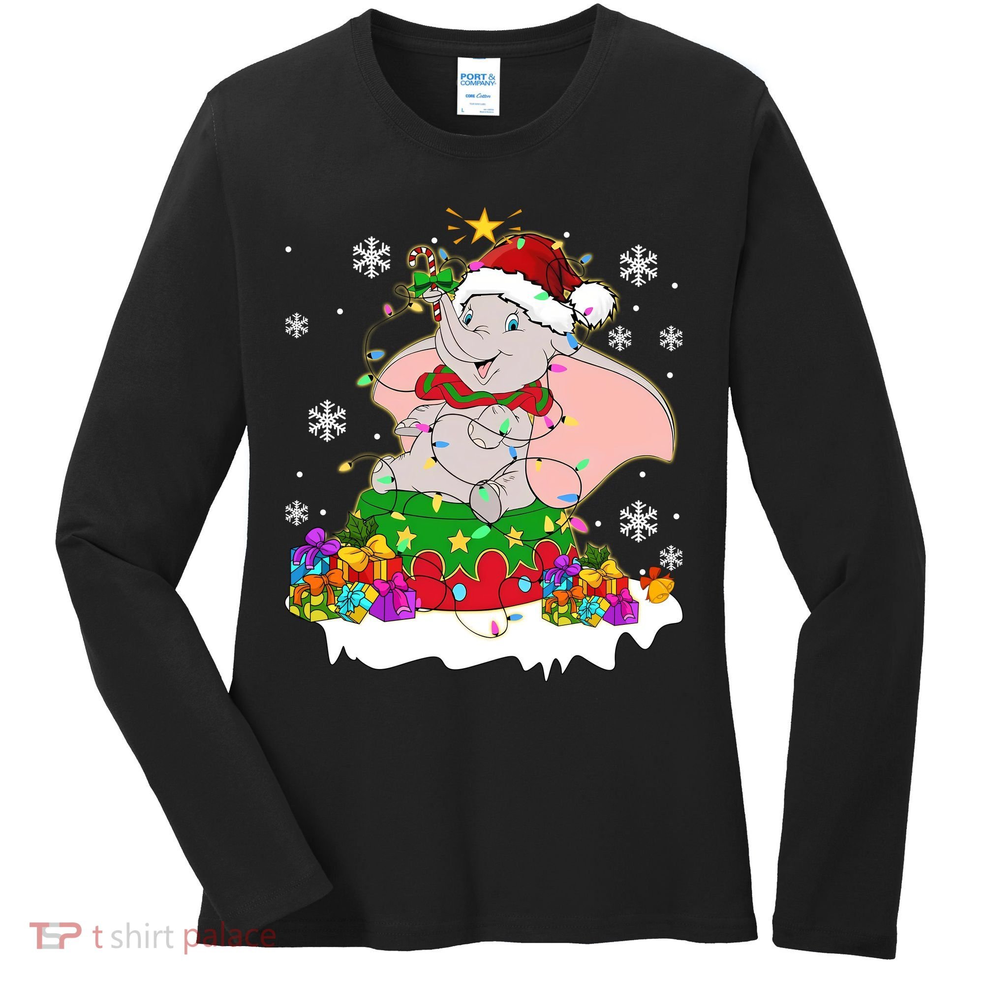 Dumbo Elephant Christmas Light Cute Dumbo Flying Elephant Christmas Women's Long Sleeve Shirt