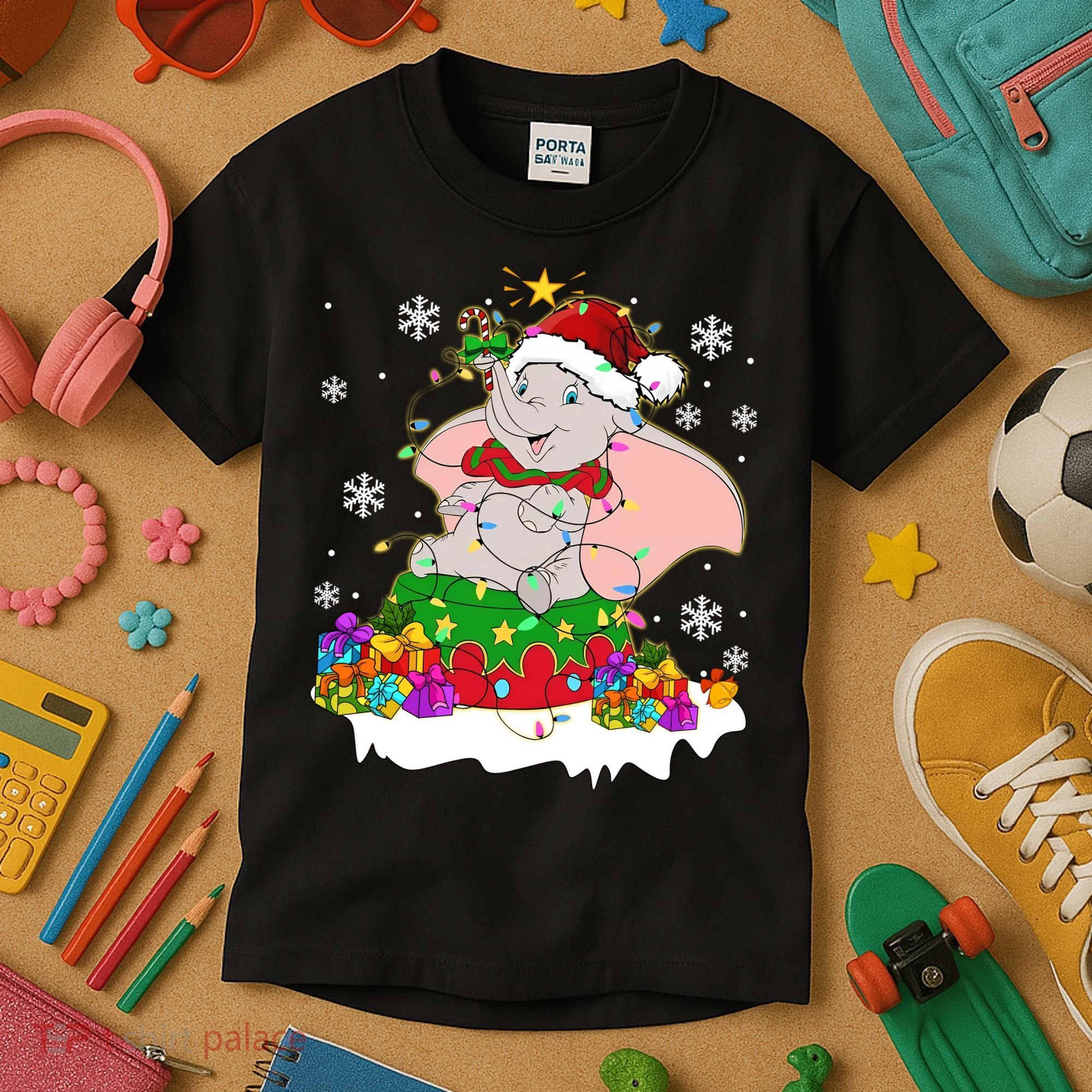 Dumbo Elephant Christmas Light Cute Dumbo Flying Elephant Christmas Kids T-Shirt