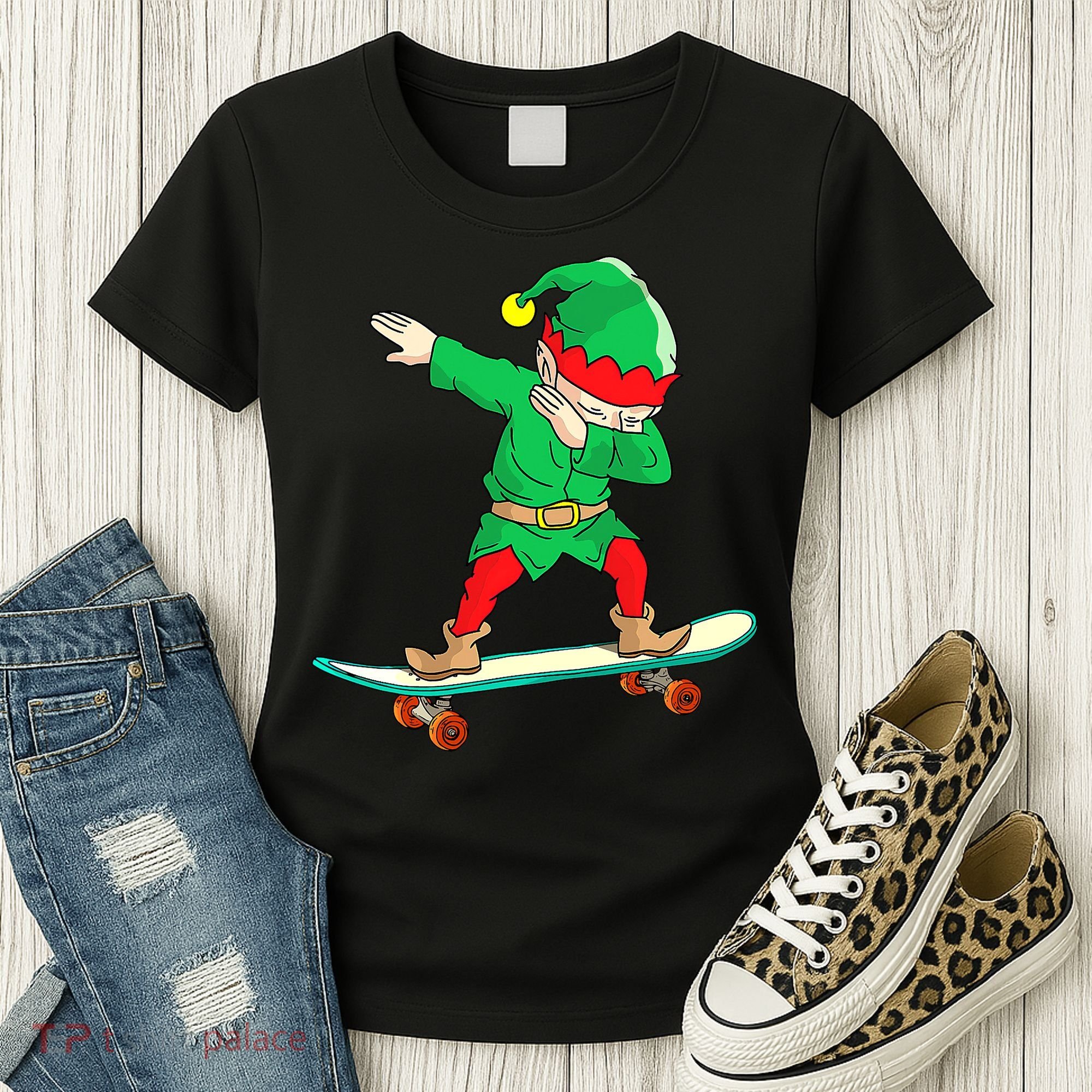 Dabbing Elf Claus Christmas Tree Lights Boys Dab Xmas Women's T-Shirt