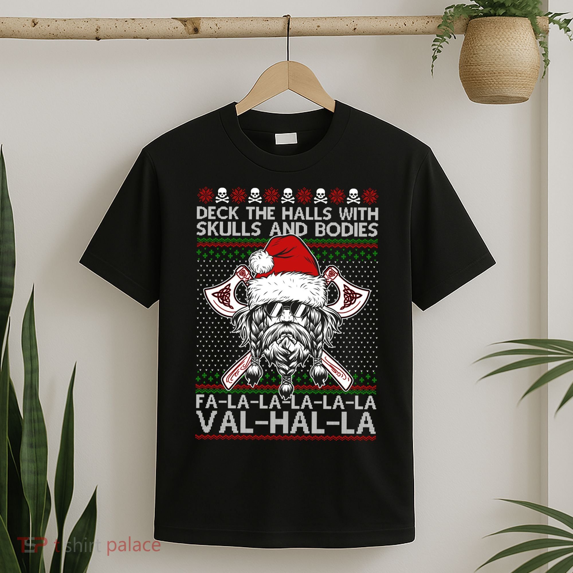 Deck The Halls Skulls Bodies Vikings Santa Ugly Christmas Sweater T-Shirt