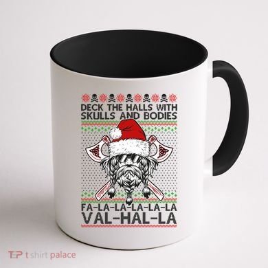 Deck The Halls Skulls Bodies Vikings Santa Ugly Christmas Sweater Coffee Mug back